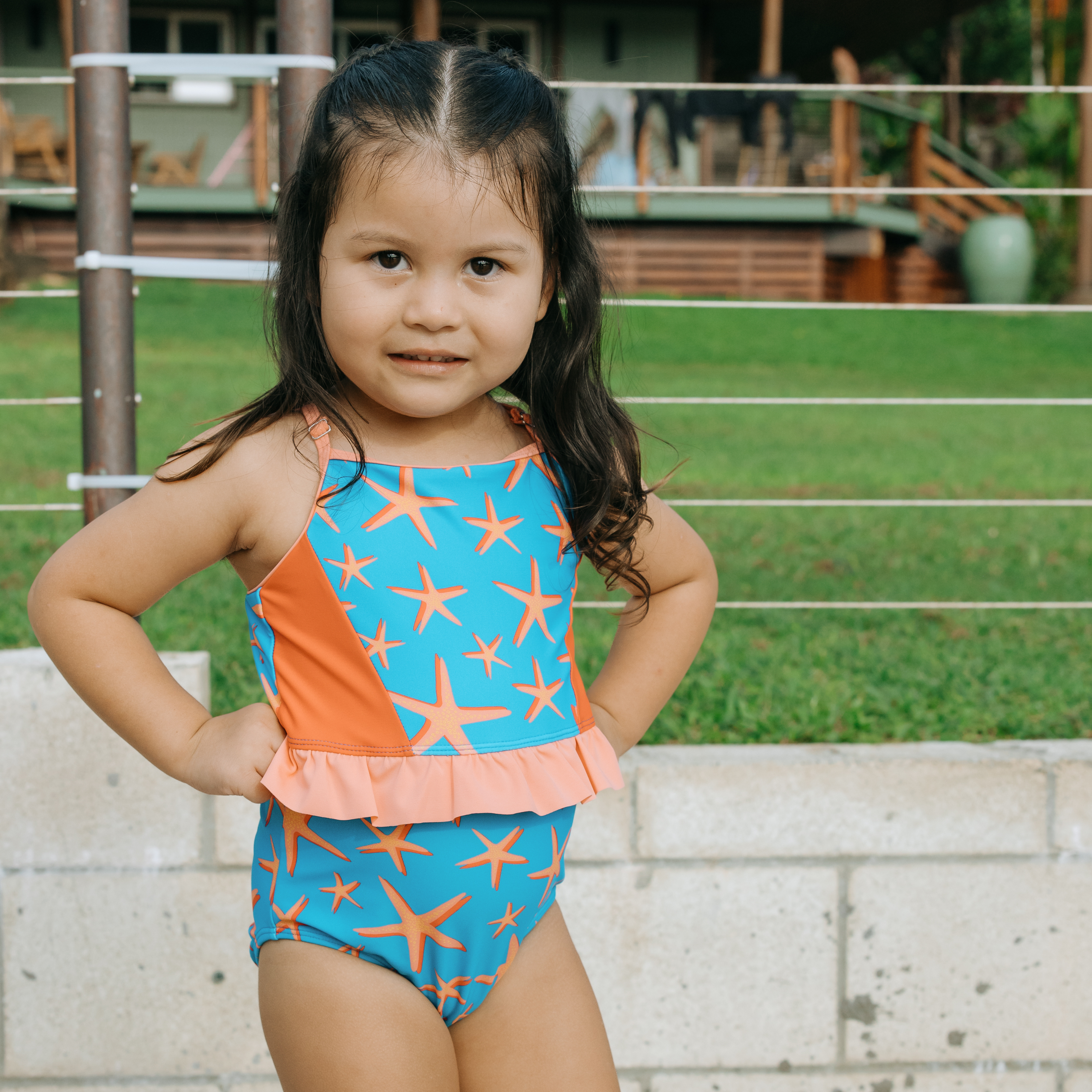 Girls One-Piece Swimsuit + Long Sleeve Rash Guard Set (2 Piece) | "Starfish"-SwimZip UPF 50+ Sun Protective Swimwear & UV Zipper Rash Guards-pos2