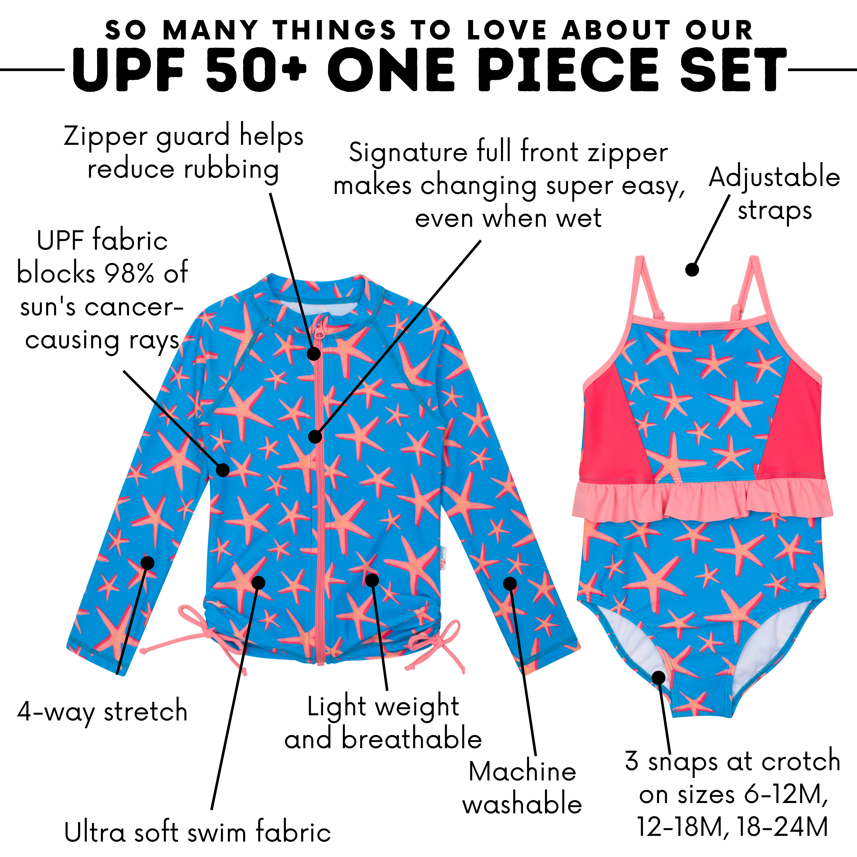Girls One-Piece Swimsuit + Long Sleeve Rash Guard Set (2 Piece) | "Starfish"-SwimZip UPF 50+ Sun Protective Swimwear & UV Zipper Rash Guards-pos4