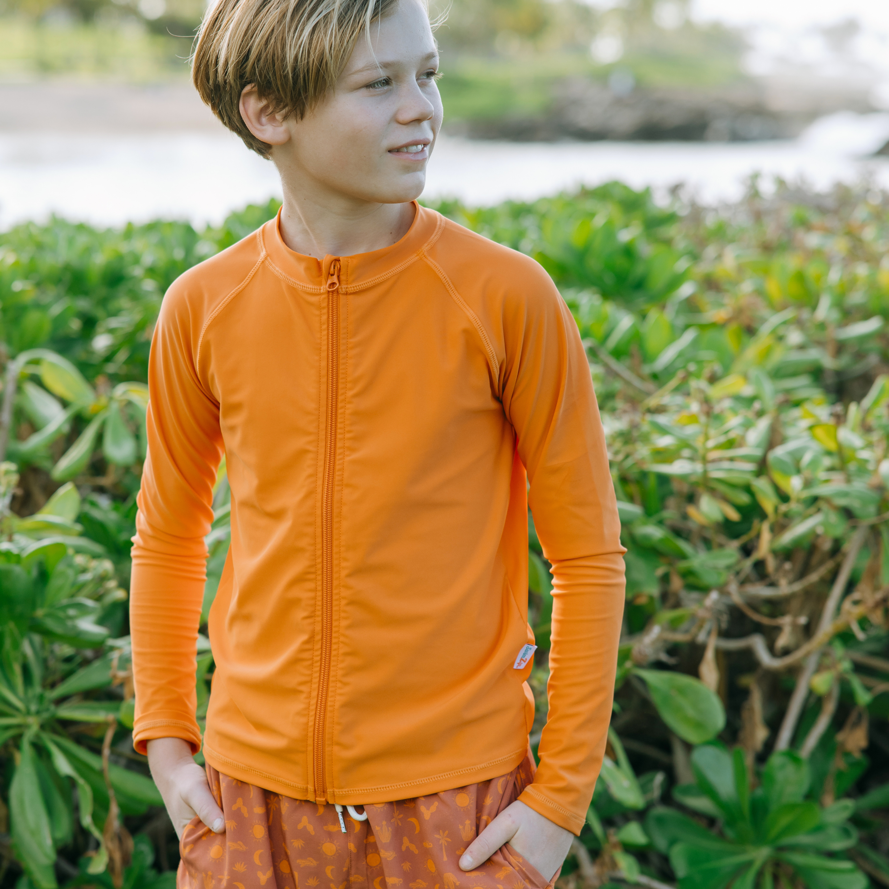 Kids UPF 50+ Long Sleeve Zipper Rash Guard Swim Shirt | "Desert Orange"-SwimZip UPF 50+ Sun Protective Swimwear & UV Zipper Rash Guards-pos2