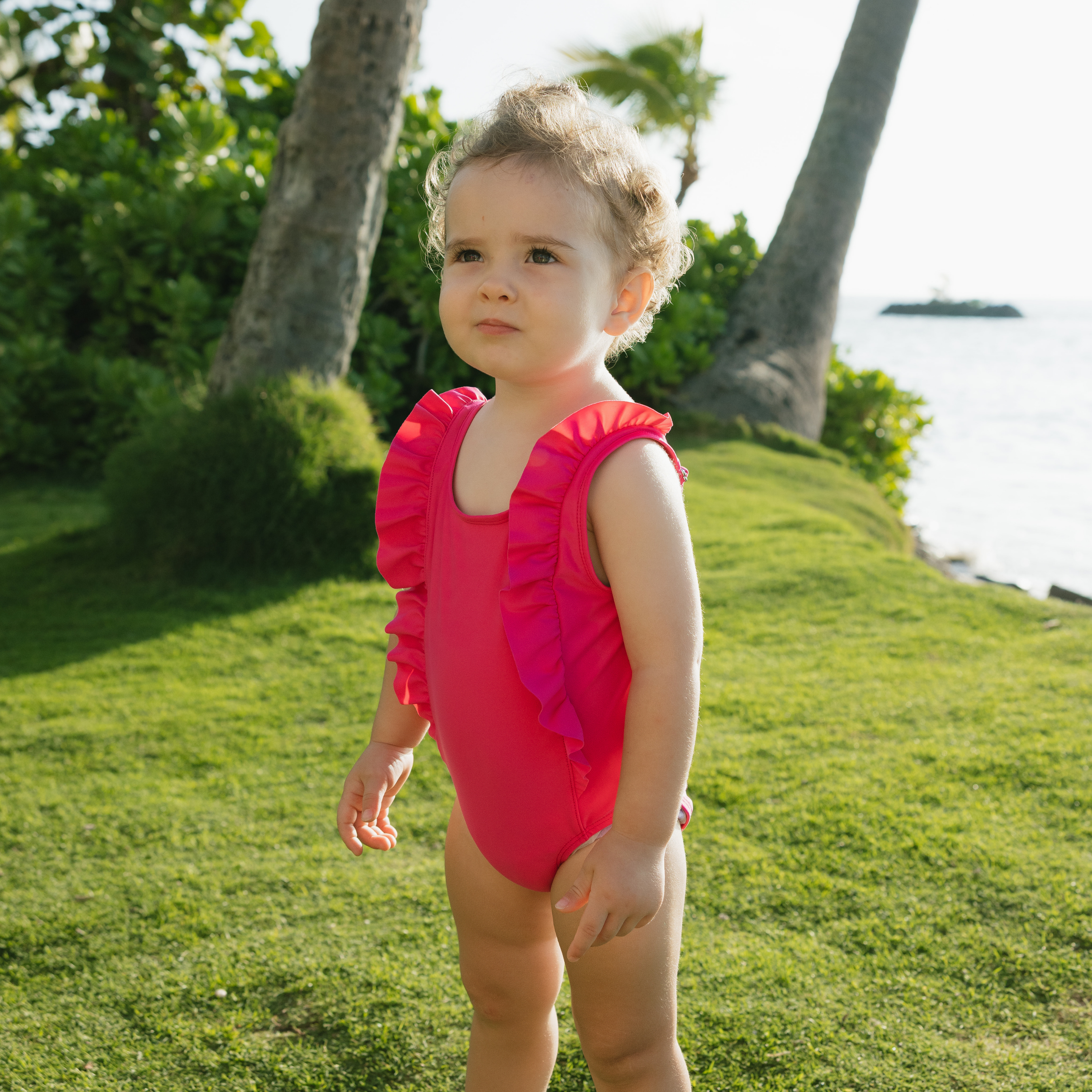 Girls Ruffle One-Piece Swimsuit | "Manic Magenta"-SwimZip UPF 50+ Sun Protective Swimwear & UV Zipper Rash Guards-pos2