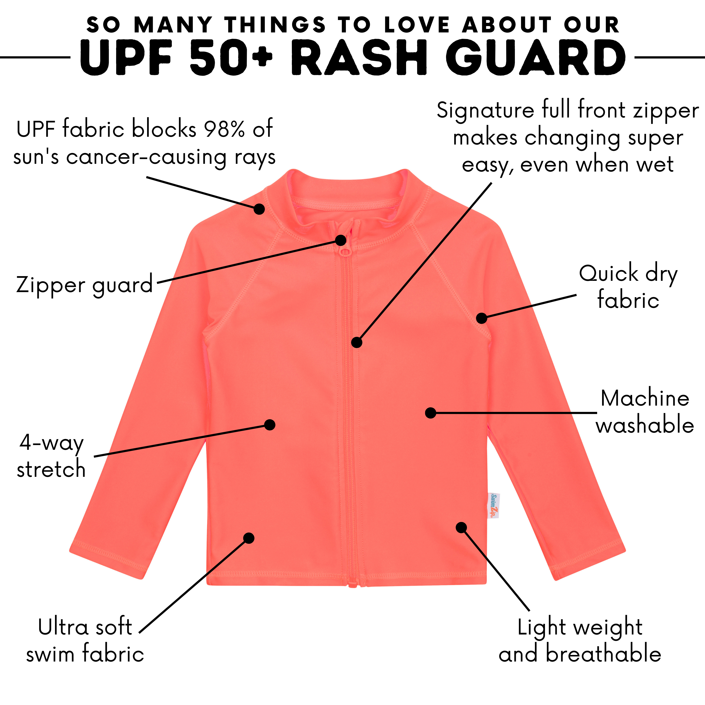 Kids UPF 50+ Long Sleeve Zipper Rash Guard Swim Shirt | "Neon Orange"-SwimZip UPF 50+ Sun Protective Swimwear & UV Zipper Rash Guards-pos3
