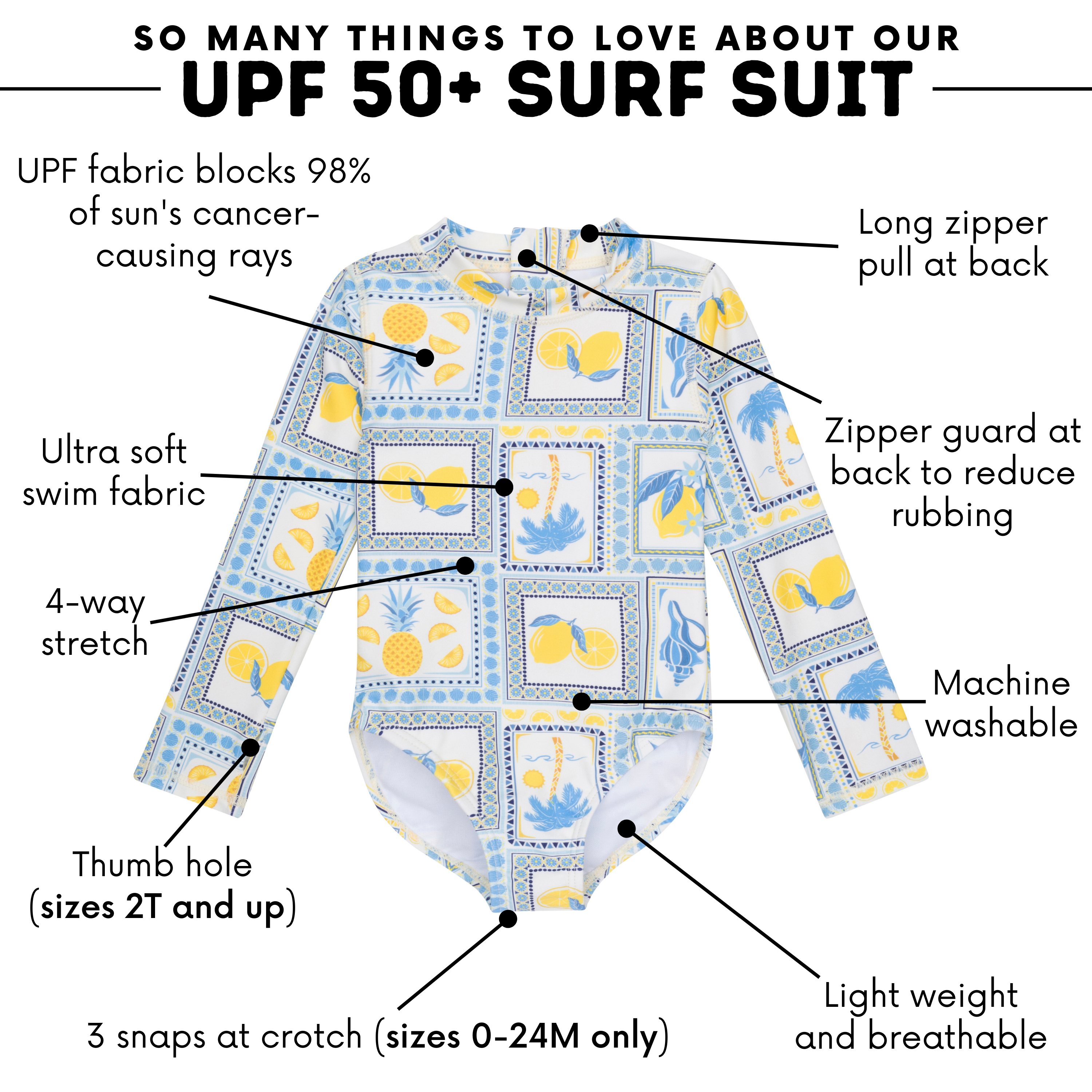 Girls Long Sleeve Surf Suit (One Piece Bodysuit) | "Mediterranean Lemons"-SwimZip UPF 50+ Sun Protective Swimwear & UV Zipper Rash Guards-pos3