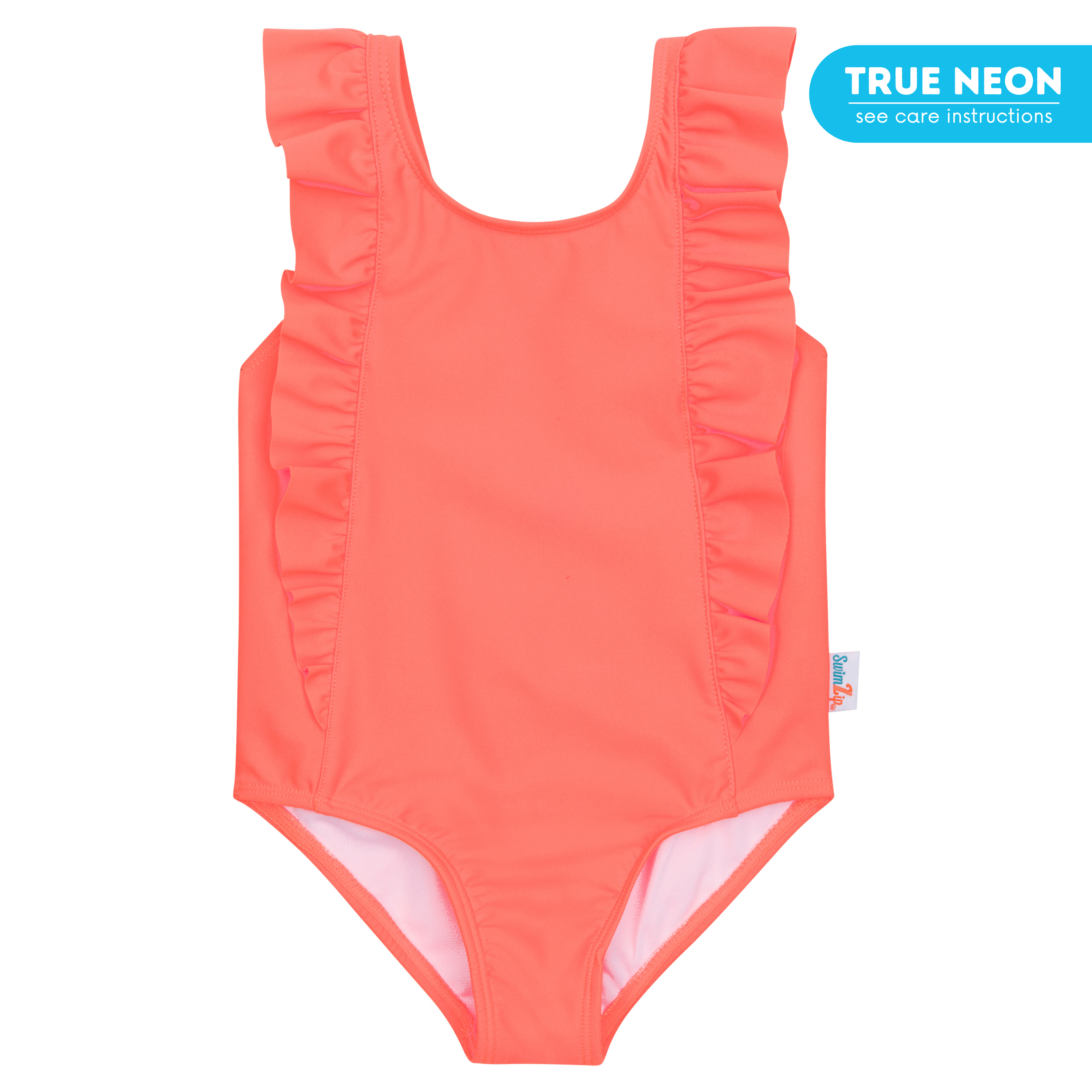 Girls Ruffle One-Piece Swimsuit | "Too Sweet" Neon Orange-6-12 Month-Neon Orange-SwimZip UPF 50+ Sun Protective Swimwear & UV Zipper Rash Guards-pos1