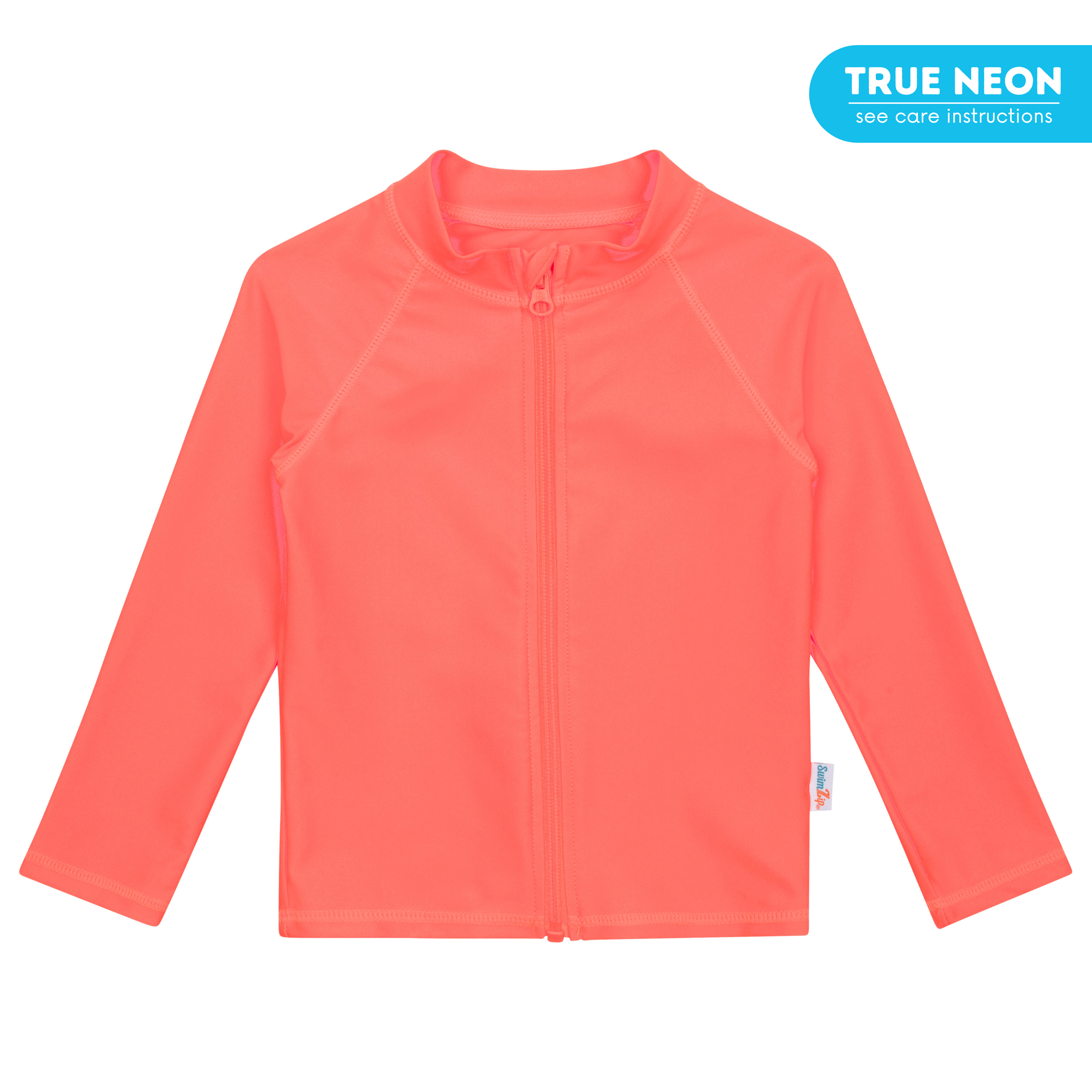 Kids UPF 50+ Long Sleeve Zipper Rash Guard Swim Shirt | "Neon Orange"-6-12 Month-Neon Orange-SwimZip UPF 50+ Sun Protective Swimwear & UV Zipper Rash Guards-pos1