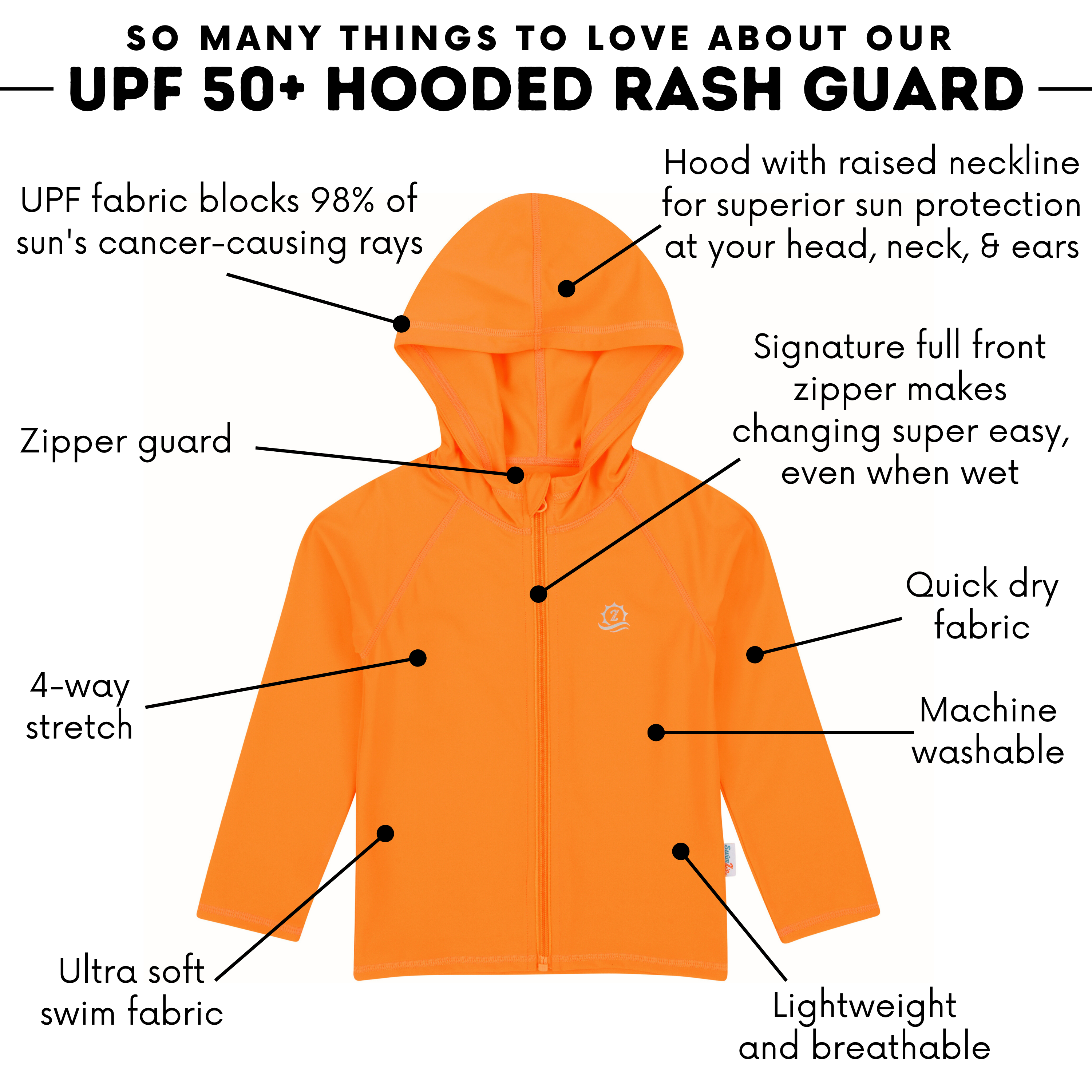 Kids Hooded Long Sleeve Zipper Rash Guard Swim Shirt | "Orange"-SwimZip UPF 50+ Sun Protective Swimwear & UV Zipper Rash Guards-pos4
