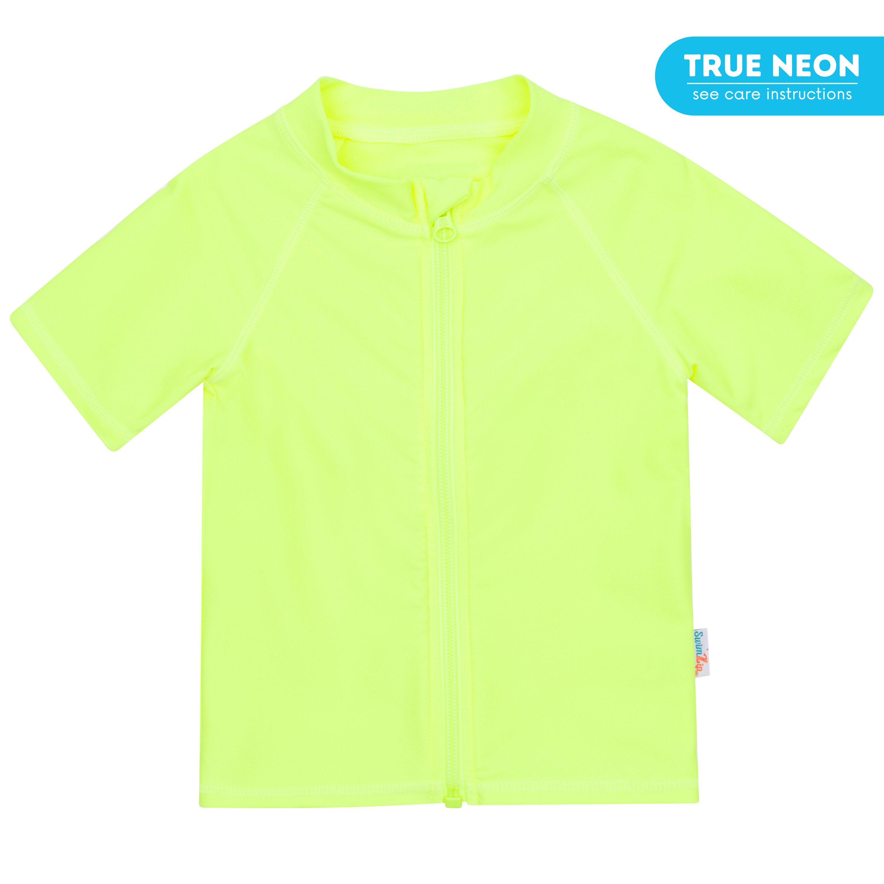 Kids Short Sleeve Zipper Rash Guard Swim Shirt | “Neon Yellow”-6-12 Month-Neon Yellow-SwimZip UPF 50+ Sun Protective Swimwear & UV Zipper Rash Guards-pos1