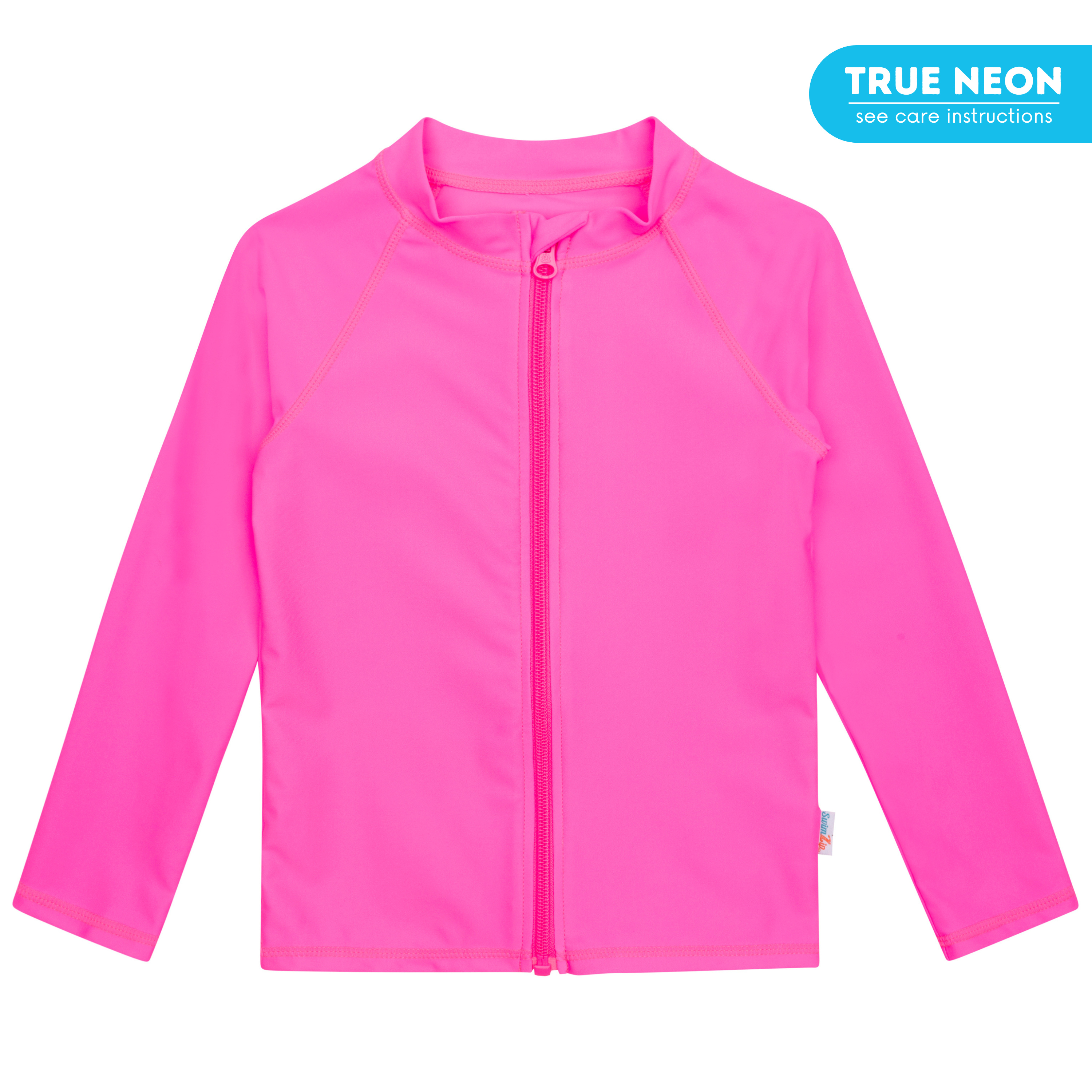 Kids UPF 50+ Long Sleeve Zipper Rash Guard Swim Shirt | "Neon Pink"-6-12 Month-Neon Pink-SwimZip UPF 50+ Sun Protective Swimwear & UV Zipper Rash Guards-pos1