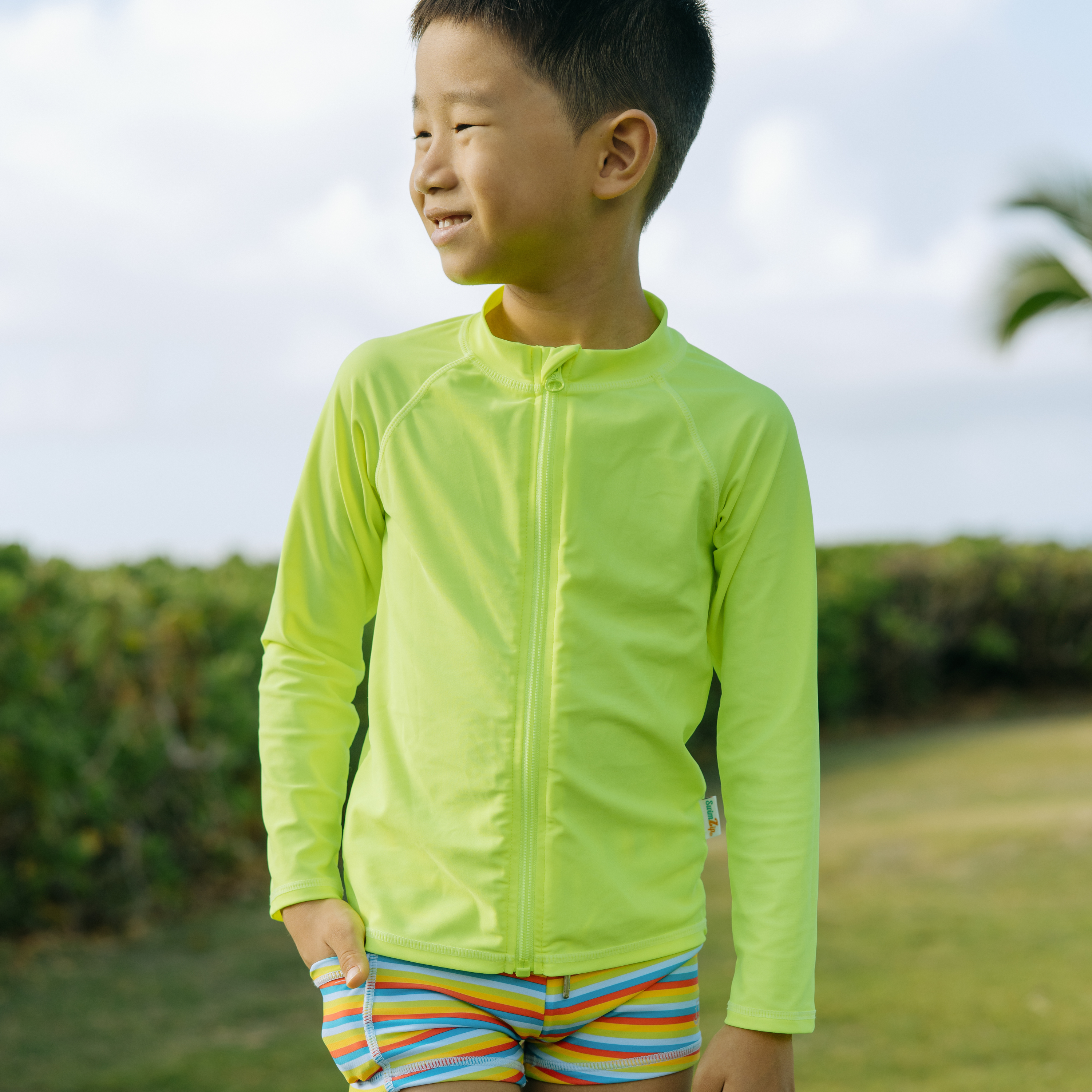 Kids UPF 50+ Long Sleeve Zipper Rash Guard Swim Shirt | "Neon Yellow"-SwimZip UPF 50+ Sun Protective Swimwear & UV Zipper Rash Guards-pos2