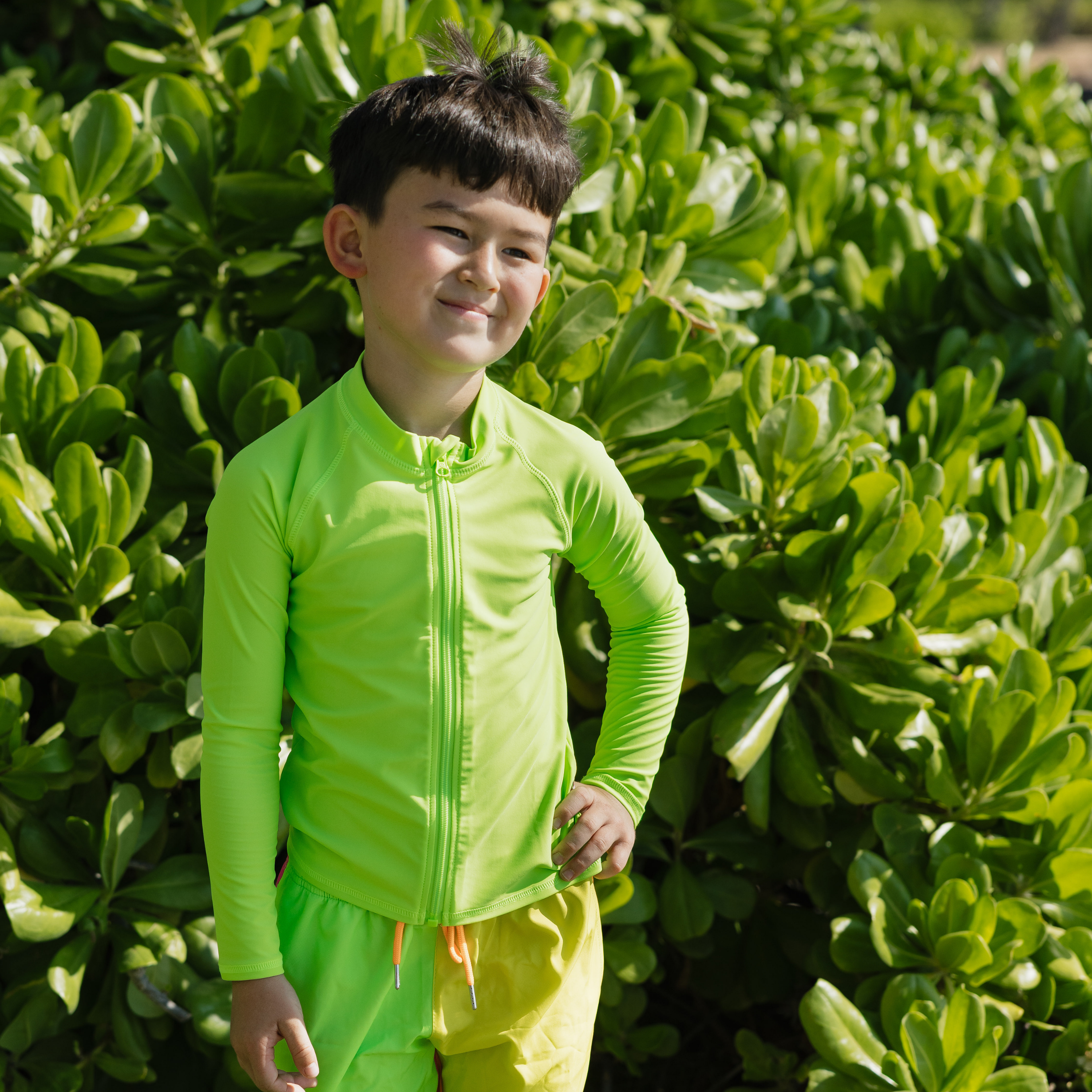 Kids UPF 50+ Long Sleeve Zipper Rash Guard Swim Shirt | "Electric Green"-SwimZip UPF 50+ Sun Protective Swimwear & UV Zipper Rash Guards-pos3