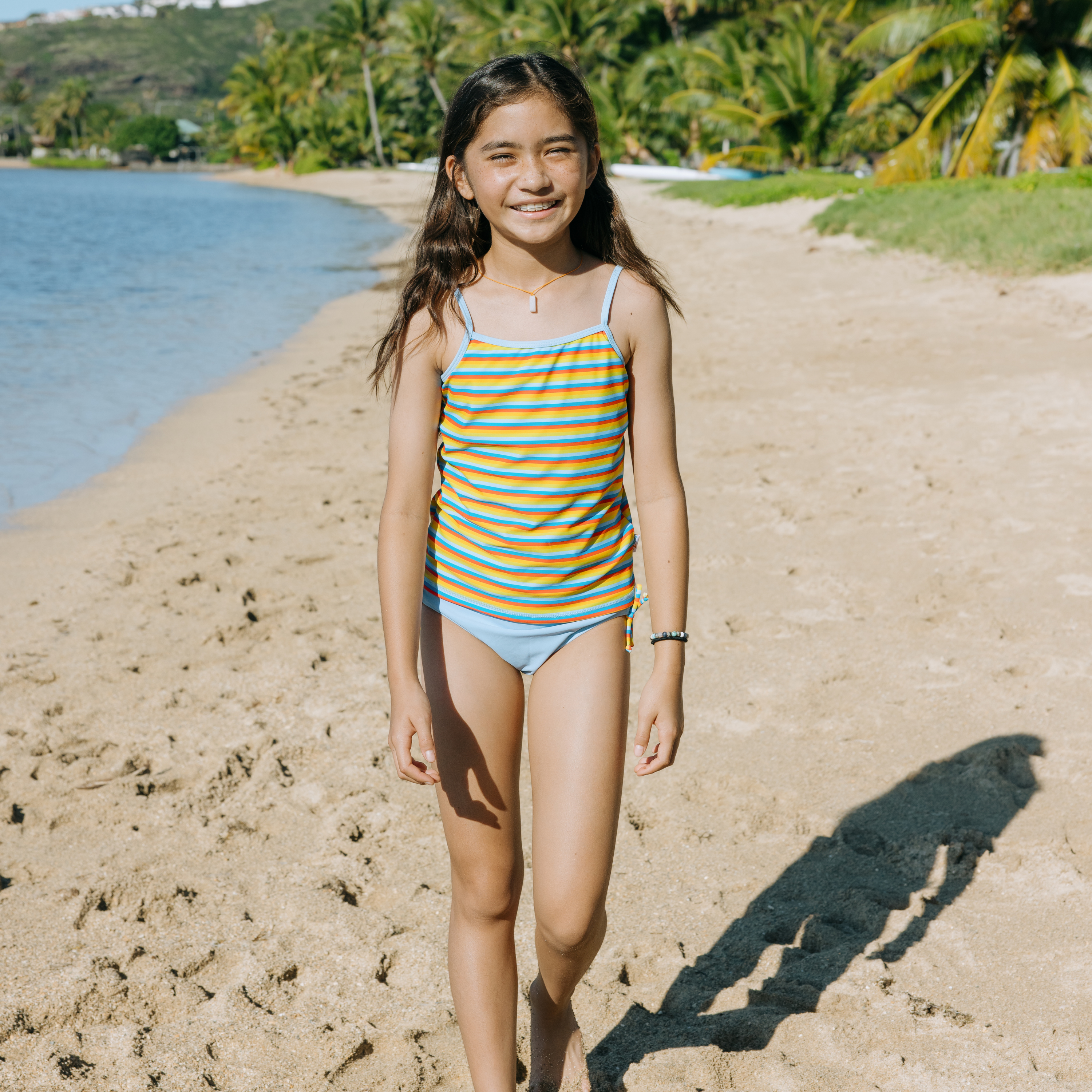 Girls Long Sleeve Rash Guard + Tankini Bikini Set (3 Piece) | "Sunny Stripe"-SwimZip UPF 50+ Sun Protective Swimwear & UV Zipper Rash Guards-pos3