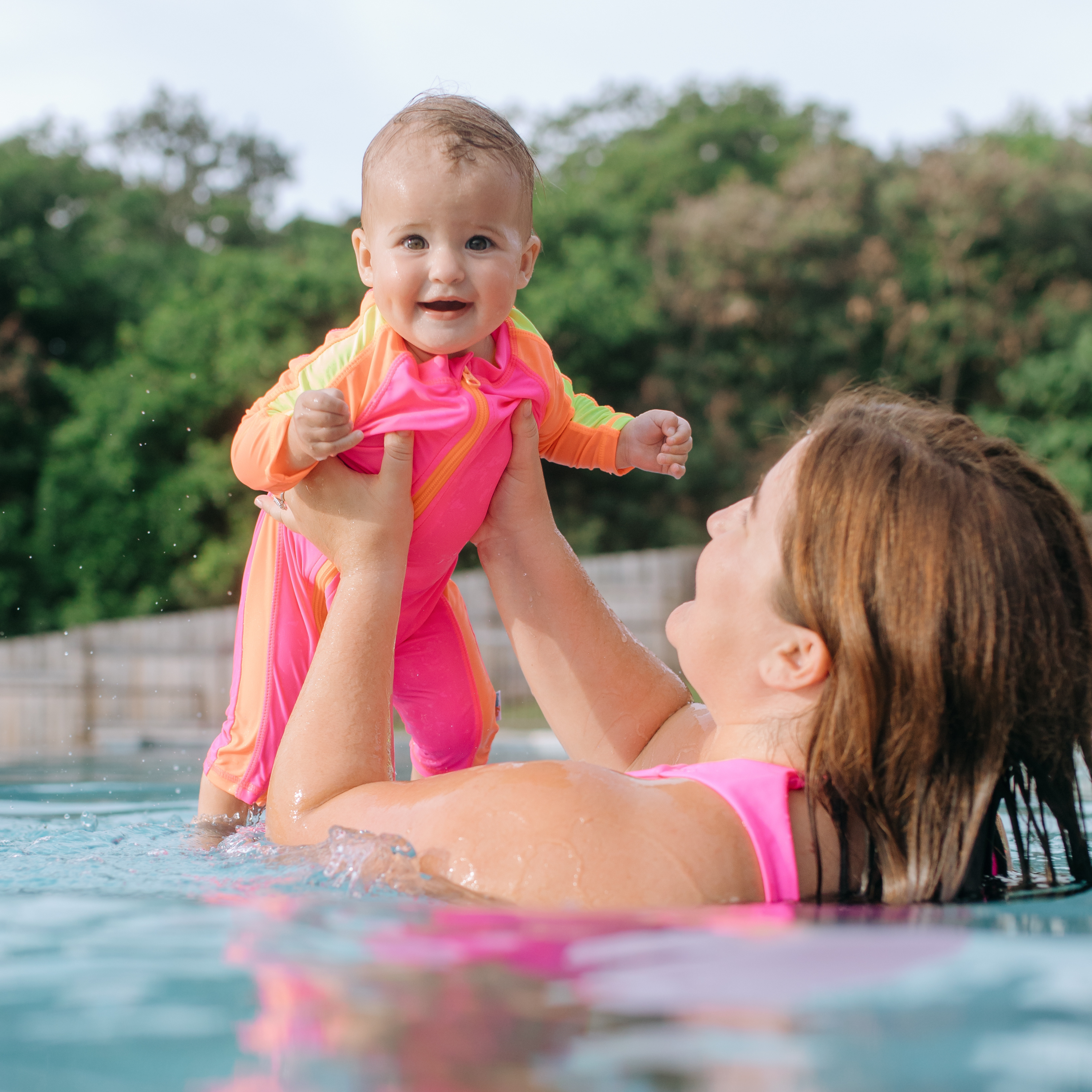 Sunsuit Long Sleeve Romper Swimsuit Neon Pink Orange