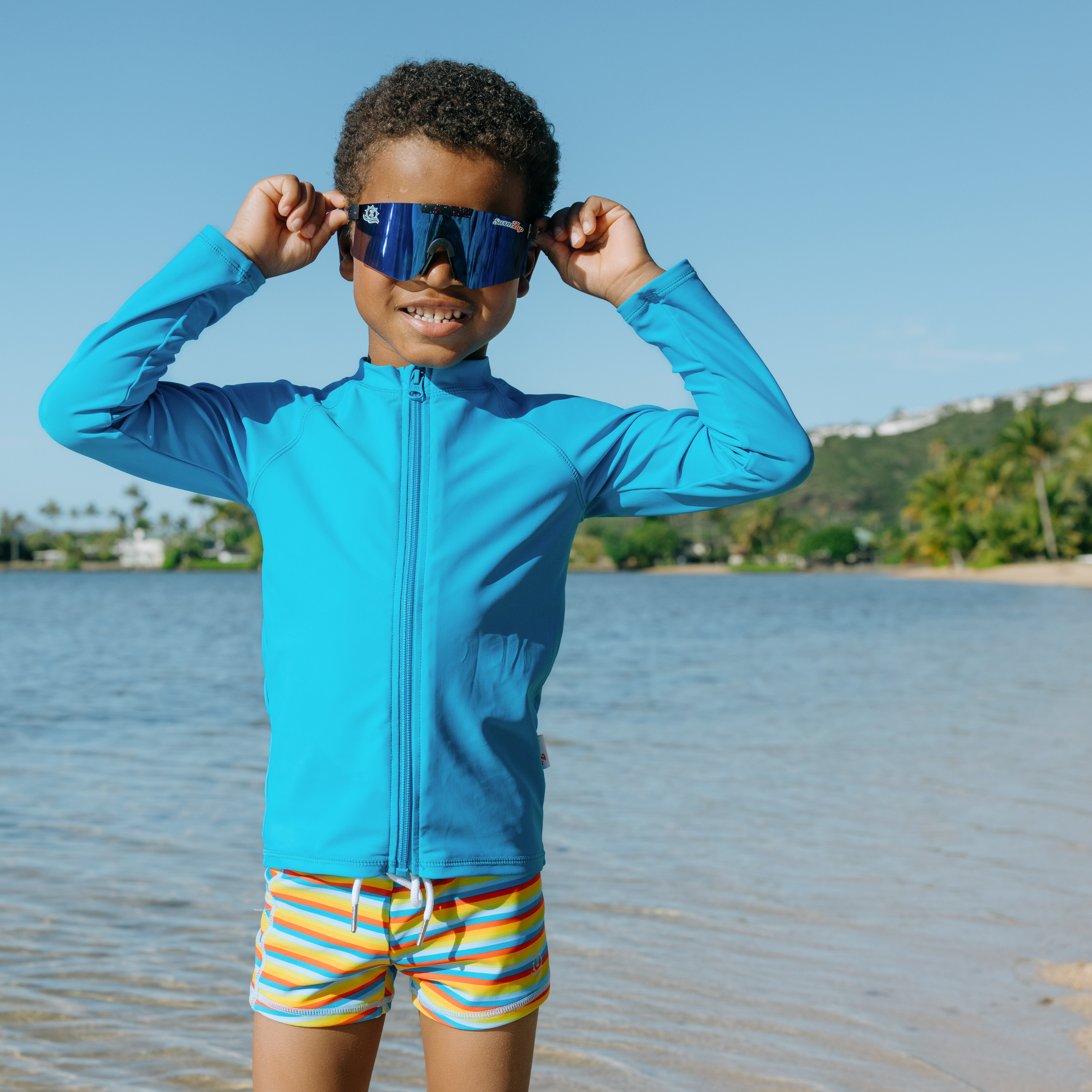 Kids Euro Swim Shorties | "Sunny Stripe"-SwimZip UPF 50+ Sun Protective Swimwear & UV Zipper Rash Guards-pos3