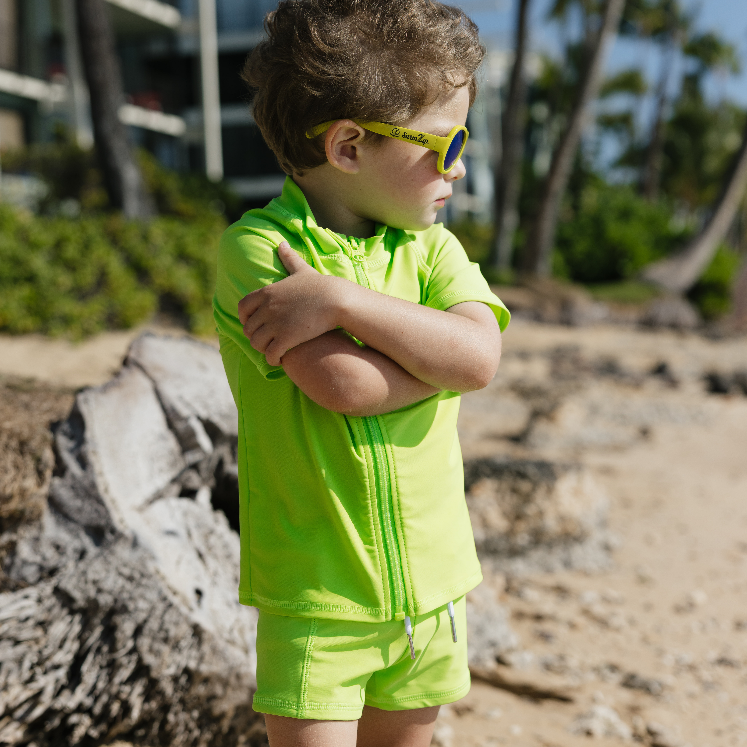 Kids Euro Swim Shorties | "Electric Green"-SwimZip UPF 50+ Sun Protective Swimwear & UV Zipper Rash Guards-pos3