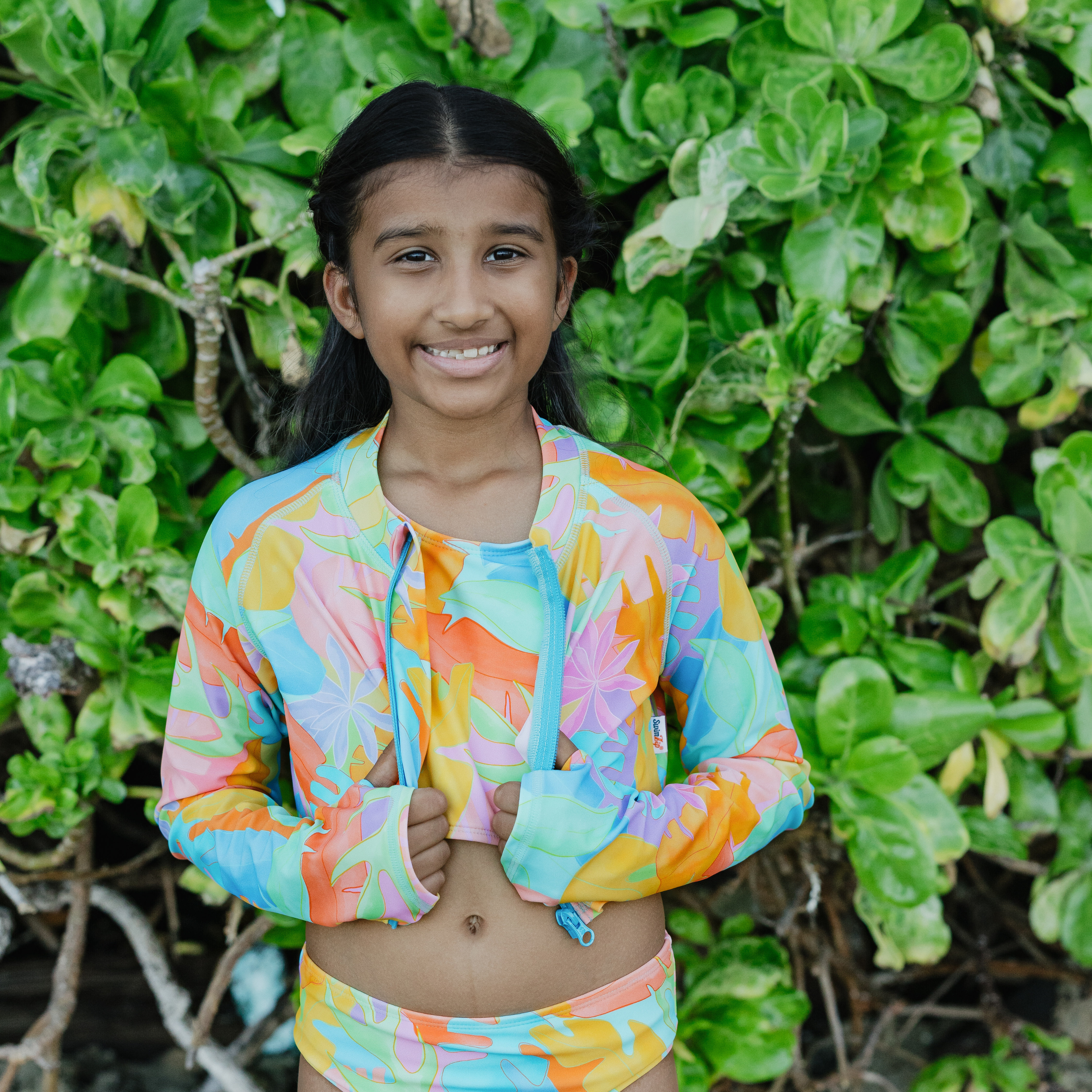 Girls Long Sleeve Crop Rash Guard | "Vibrant Vacay"-SwimZip UPF 50+ Sun Protective Swimwear & UV Zipper Rash Guards-pos3