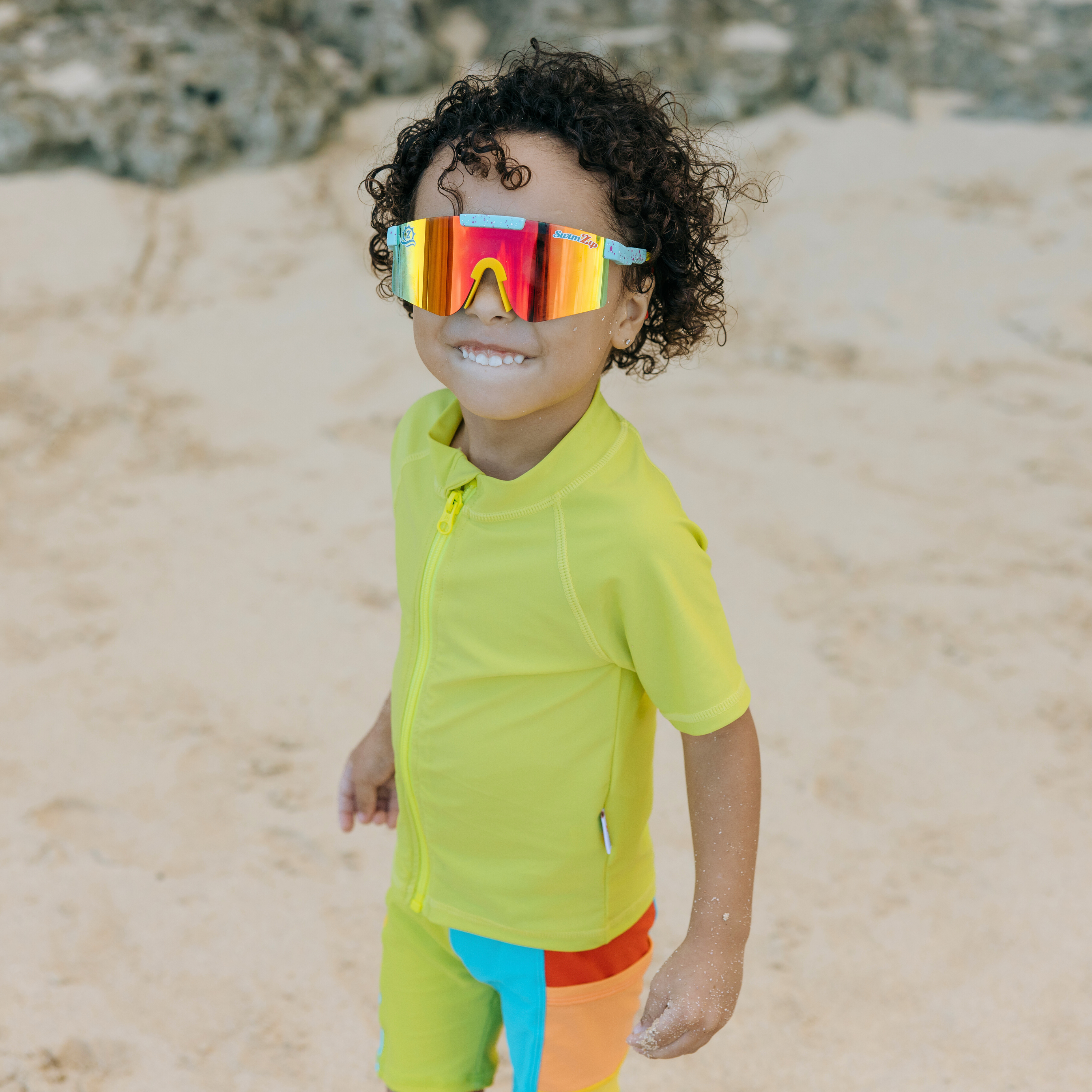 Kids Short Sleeve Zipper Rash Guard Swim Shirt | “Sulphur Yellow”-SwimZip UPF 50+ Sun Protective Swimwear & UV Zipper Rash Guards-pos5