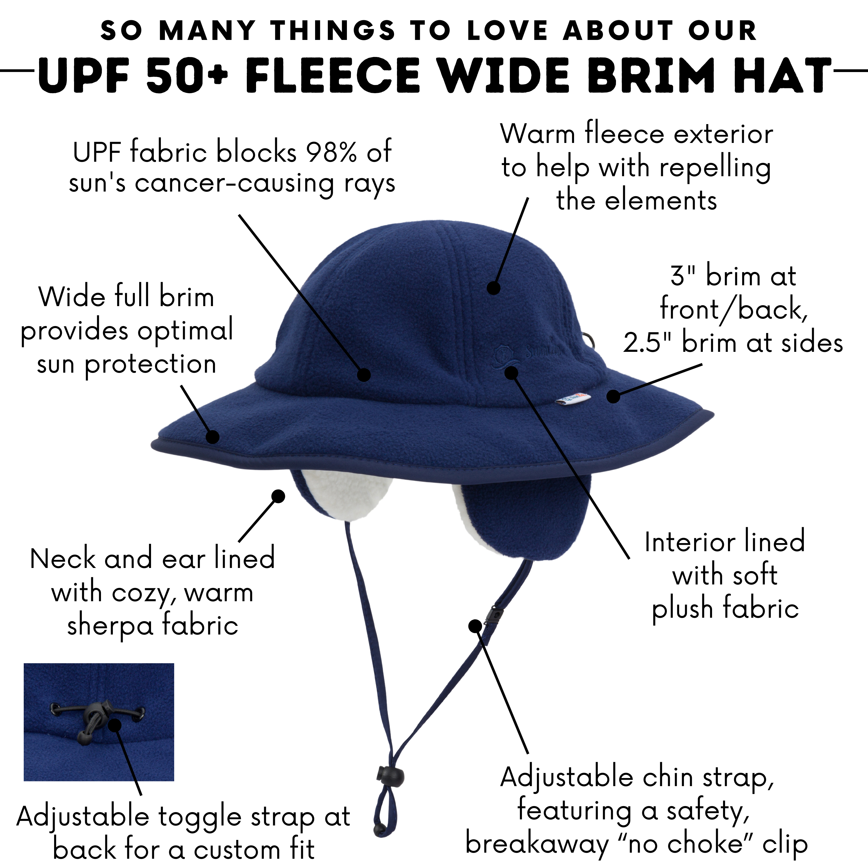 Kids Tundra Ear Flap Fleece Winter Wide Brim Sun Hat - Midnight-SwimZip UPF 50+ Sun Protective Swimwear & UV Zipper Rash Guards-pos4