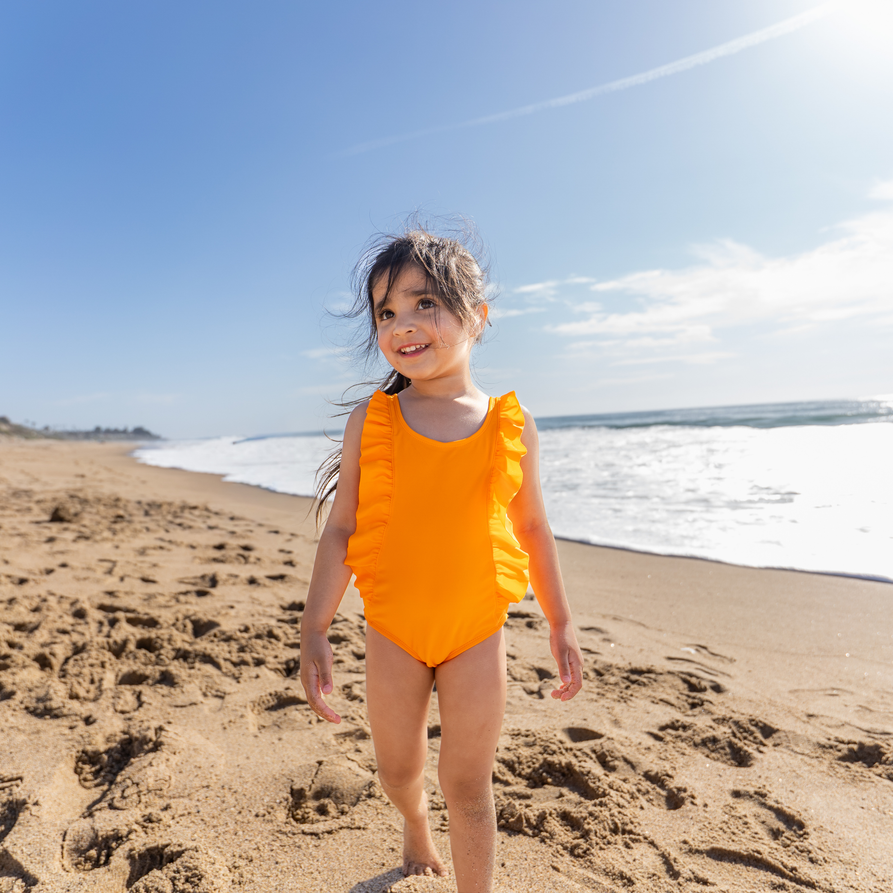 Girls Ruffle One-Piece Swimsuit | "Orange"-SwimZip UPF 50+ Sun Protective Swimwear & UV Zipper Rash Guards-pos2