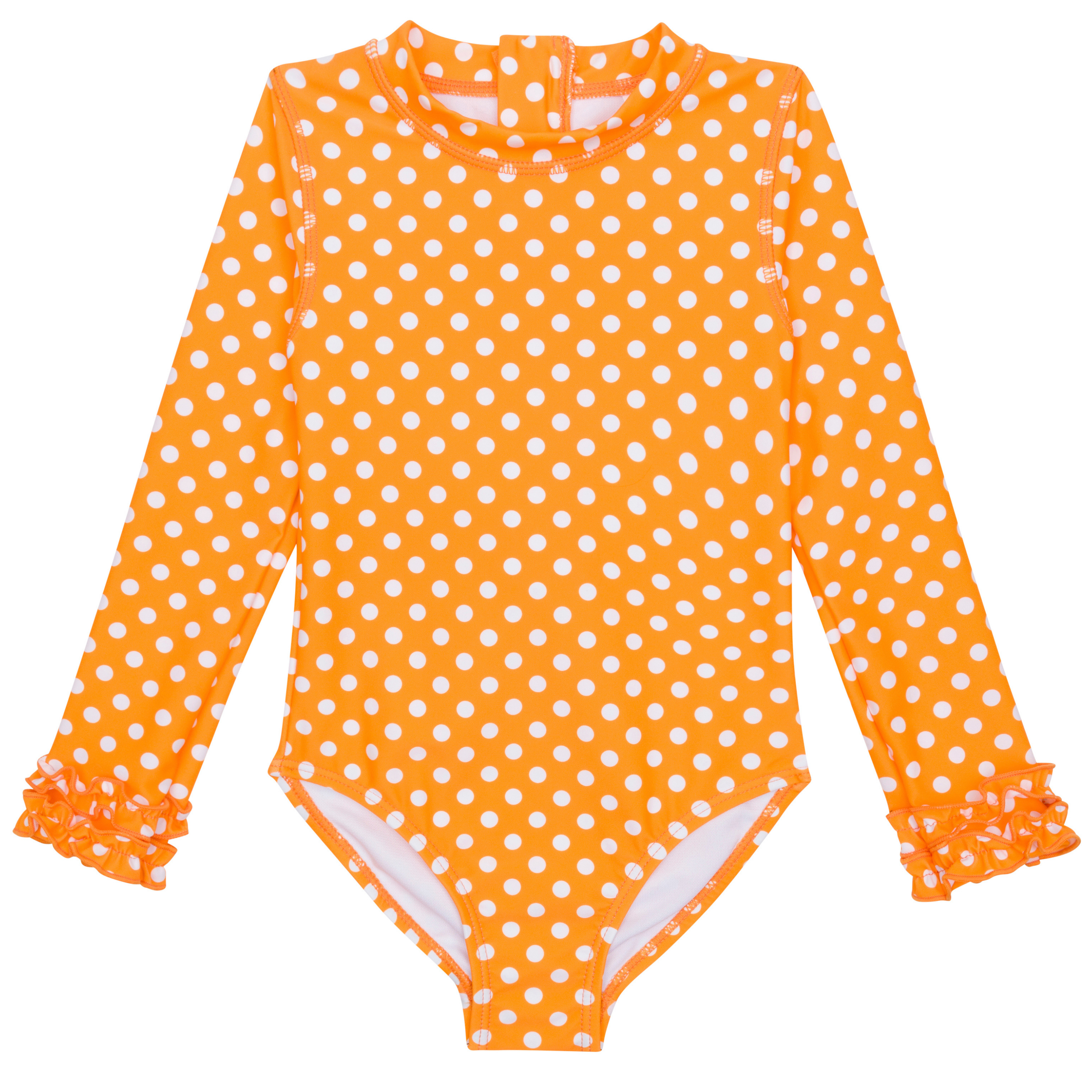 Girls Long Sleeve Surf Suit (One Piece Bodysuit) | "Orange Sassy Surfer"-0-3 Month-Orange Sassy Surfer-SwimZip UPF 50+ Sun Protective Swimwear & UV Zipper Rash Guards-pos1
