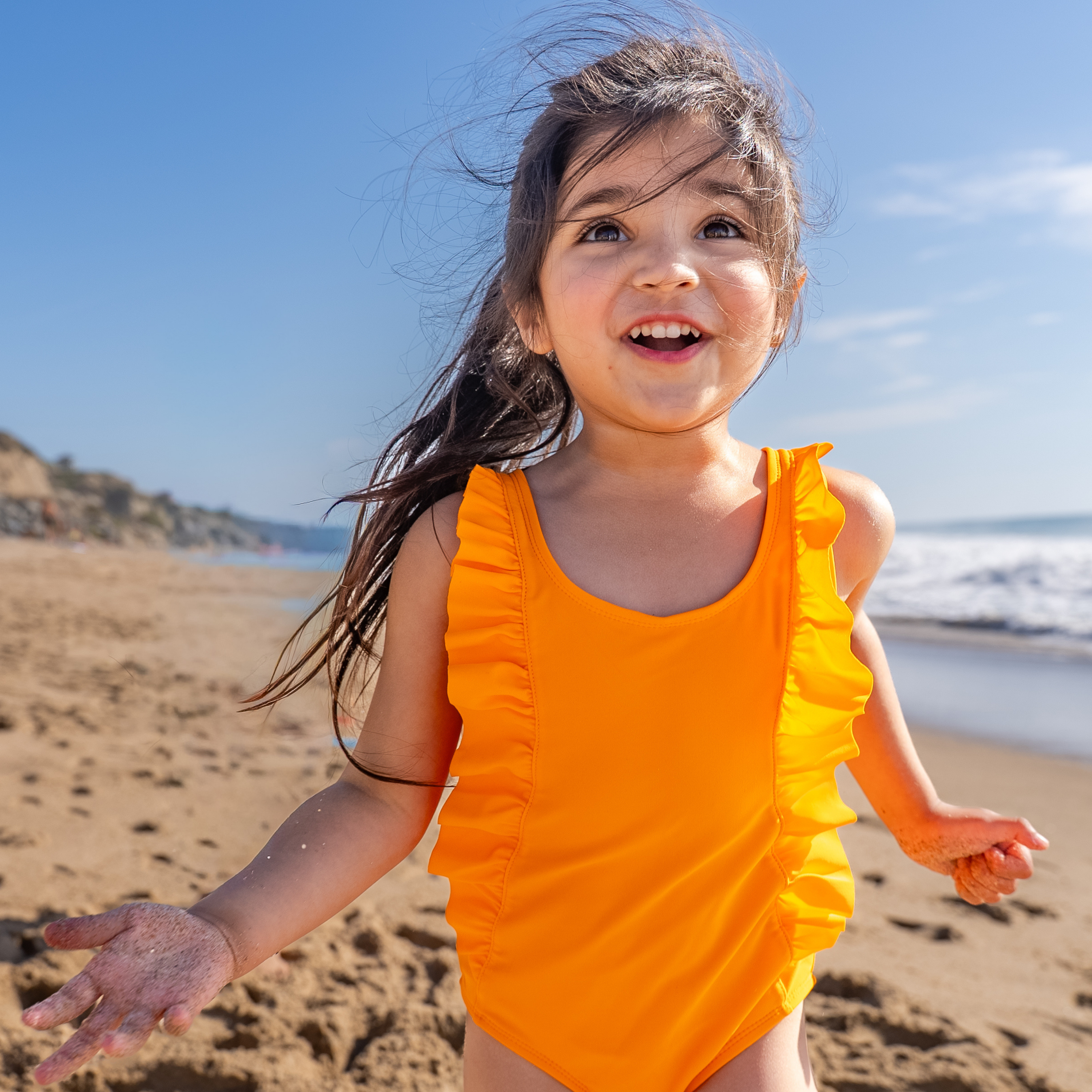 Girls Ruffle One-Piece Swimsuit | "Orange"-SwimZip UPF 50+ Sun Protective Swimwear & UV Zipper Rash Guards-pos6