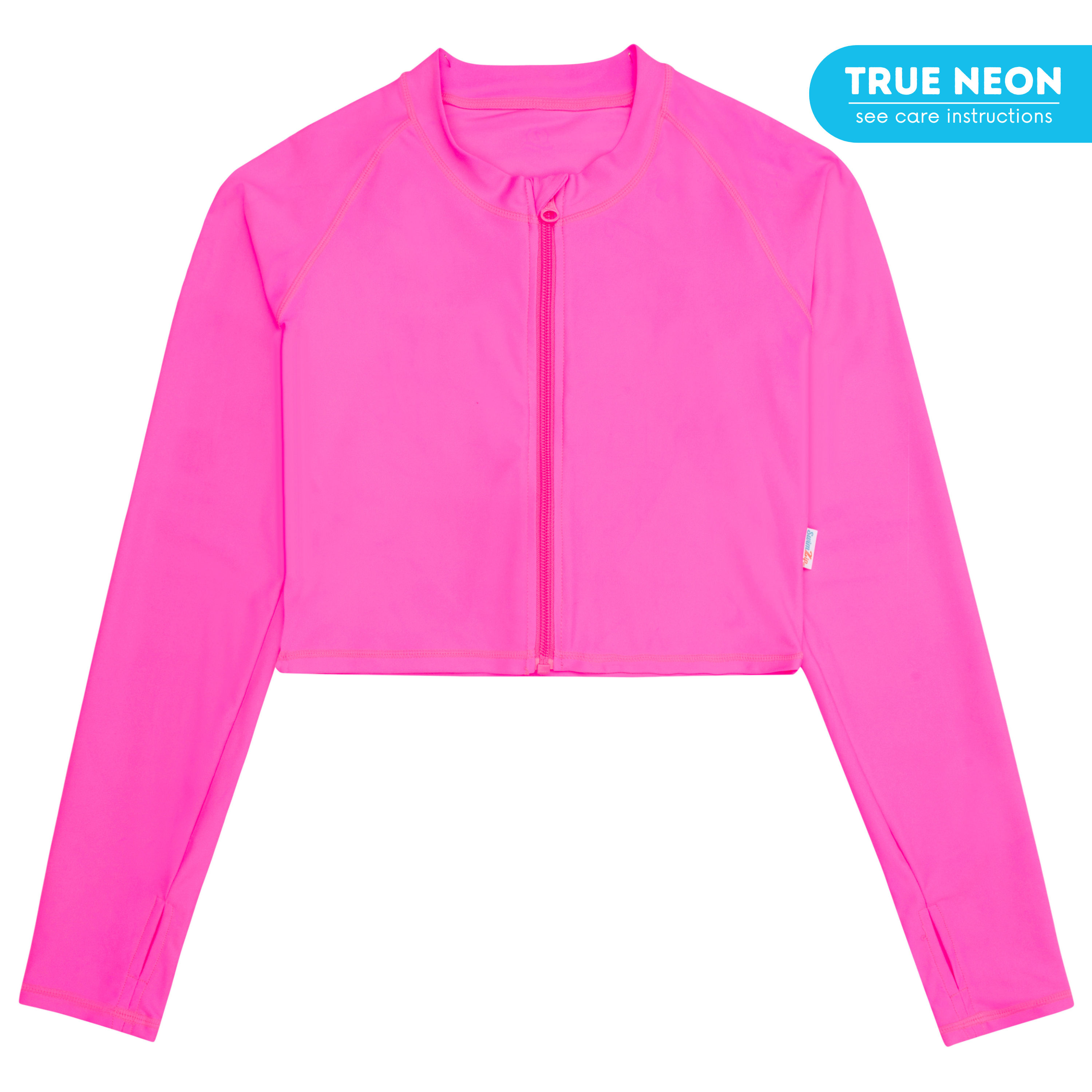 Women's Long Sleeve Crop Rash Guard | “Neon Pink”-XS-Neon Pink-SwimZip UPF 50+ Sun Protective Swimwear & UV Zipper Rash Guards-pos1