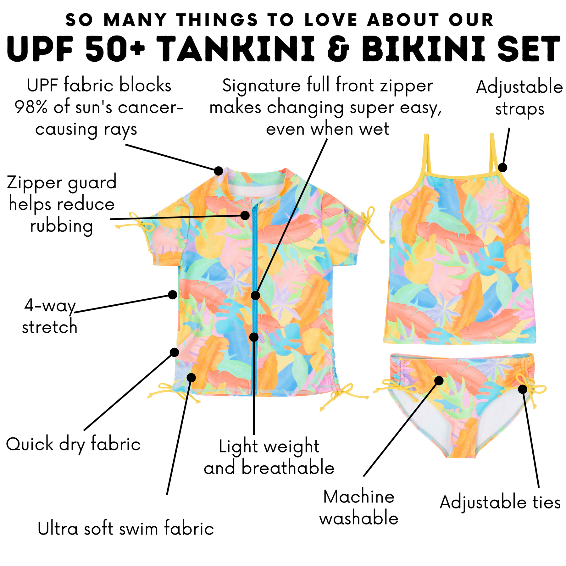 Girls Long Sleeve Rash Guard + Tankini Bikini Set (3 Piece) | 