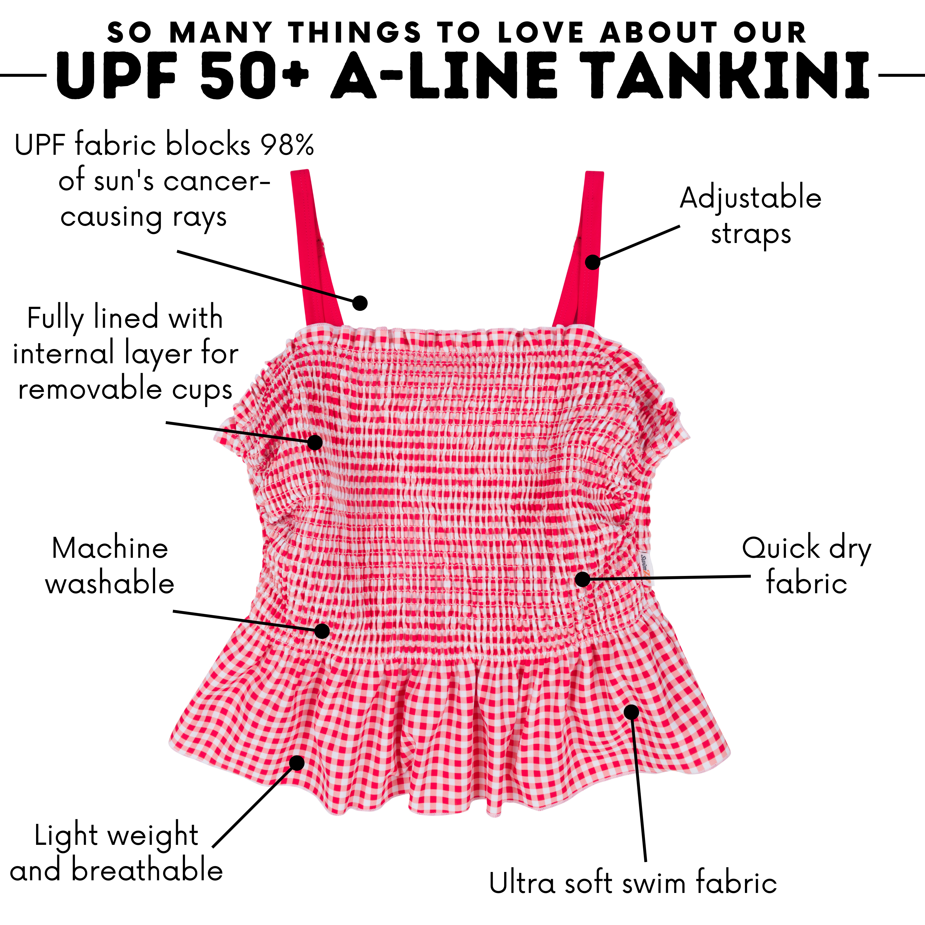 Women’s Smocked Tankini Top | “Red Gingham"-SwimZip UPF 50+ Sun Protective Swimwear & UV Zipper Rash Guards-pos5