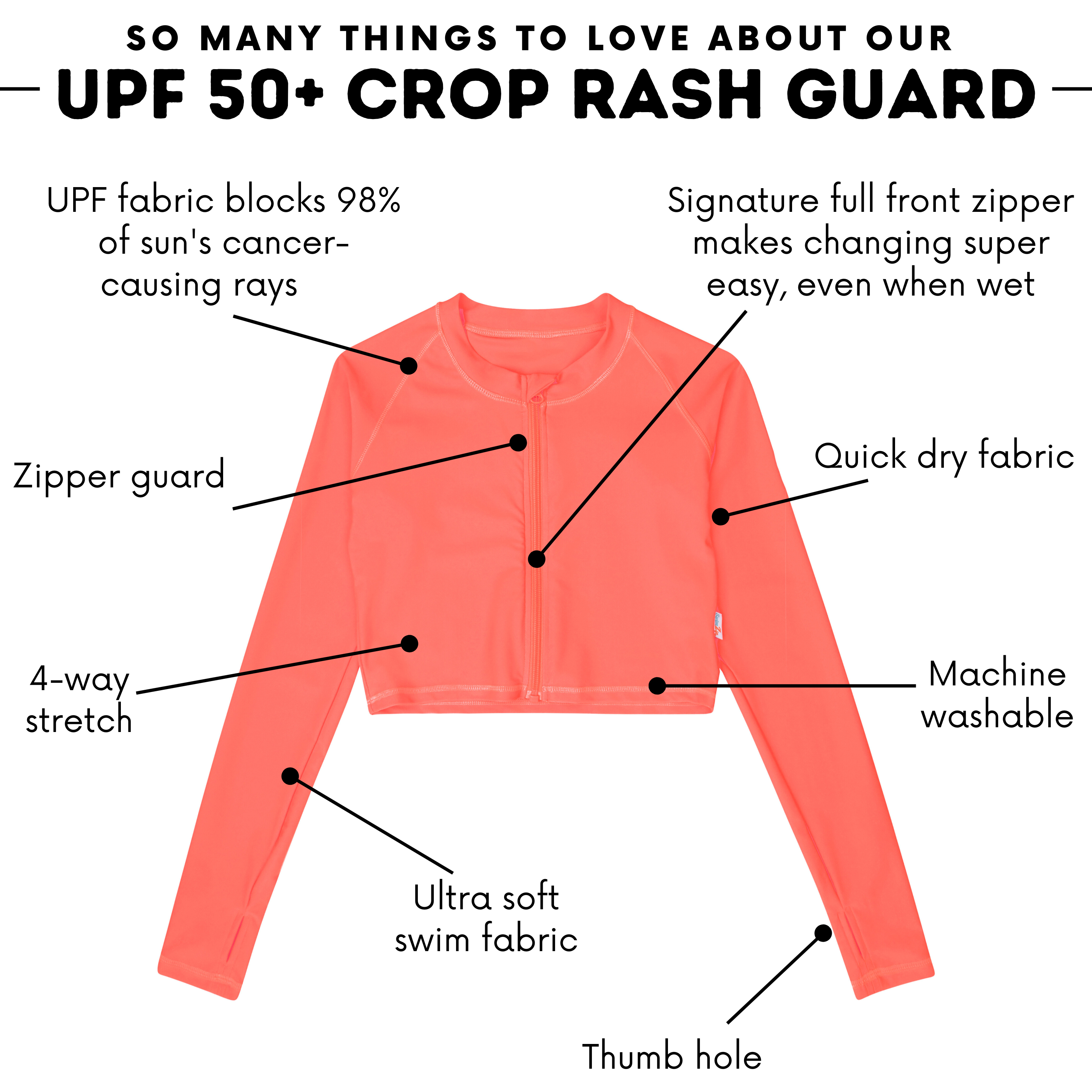 Women's Long Sleeve Crop Rash Guard | “Neon Orange"-SwimZip UPF 50+ Sun Protective Swimwear & UV Zipper Rash Guards-pos5