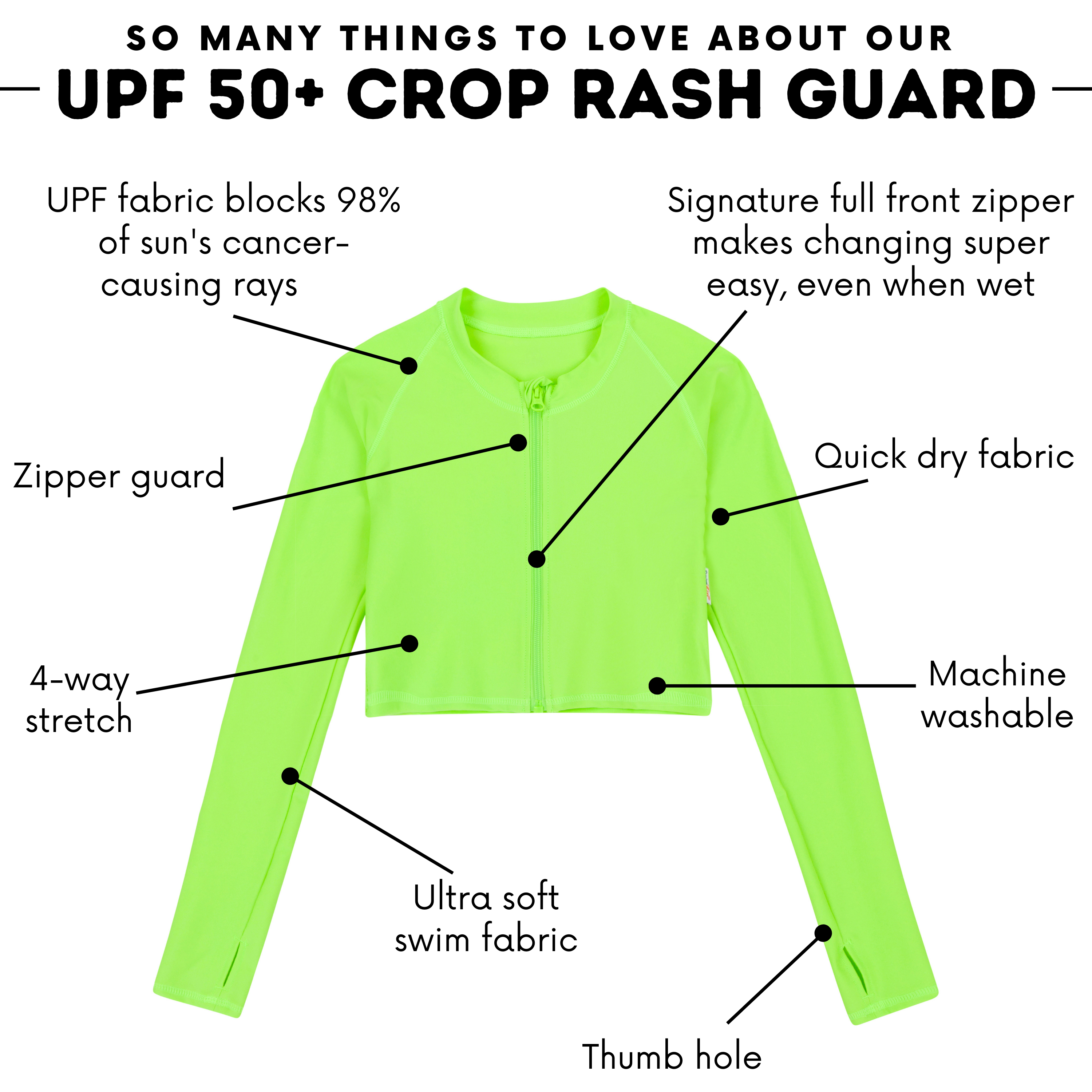 Women's Long Sleeve Crop Rash Guard | “Electric Green"-SwimZip UPF 50+ Sun Protective Swimwear & UV Zipper Rash Guards-pos4
