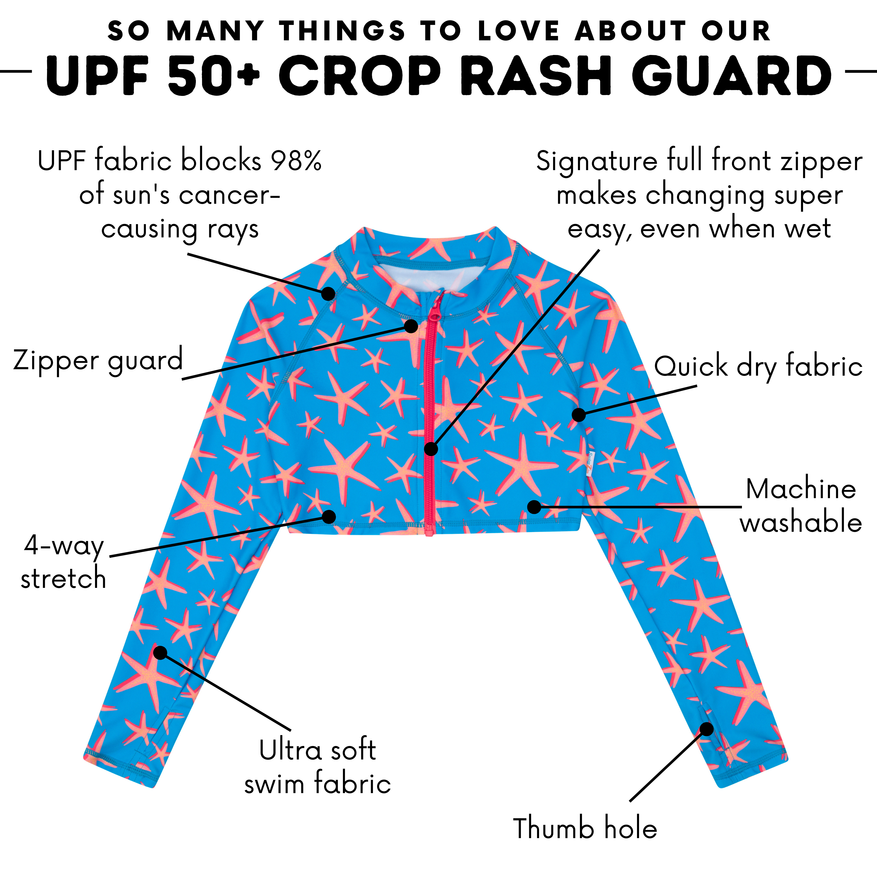 Girls Long Sleeve Crop Rash Guard | "Starfish"-SwimZip UPF 50+ Sun Protective Swimwear & UV Zipper Rash Guards-pos4