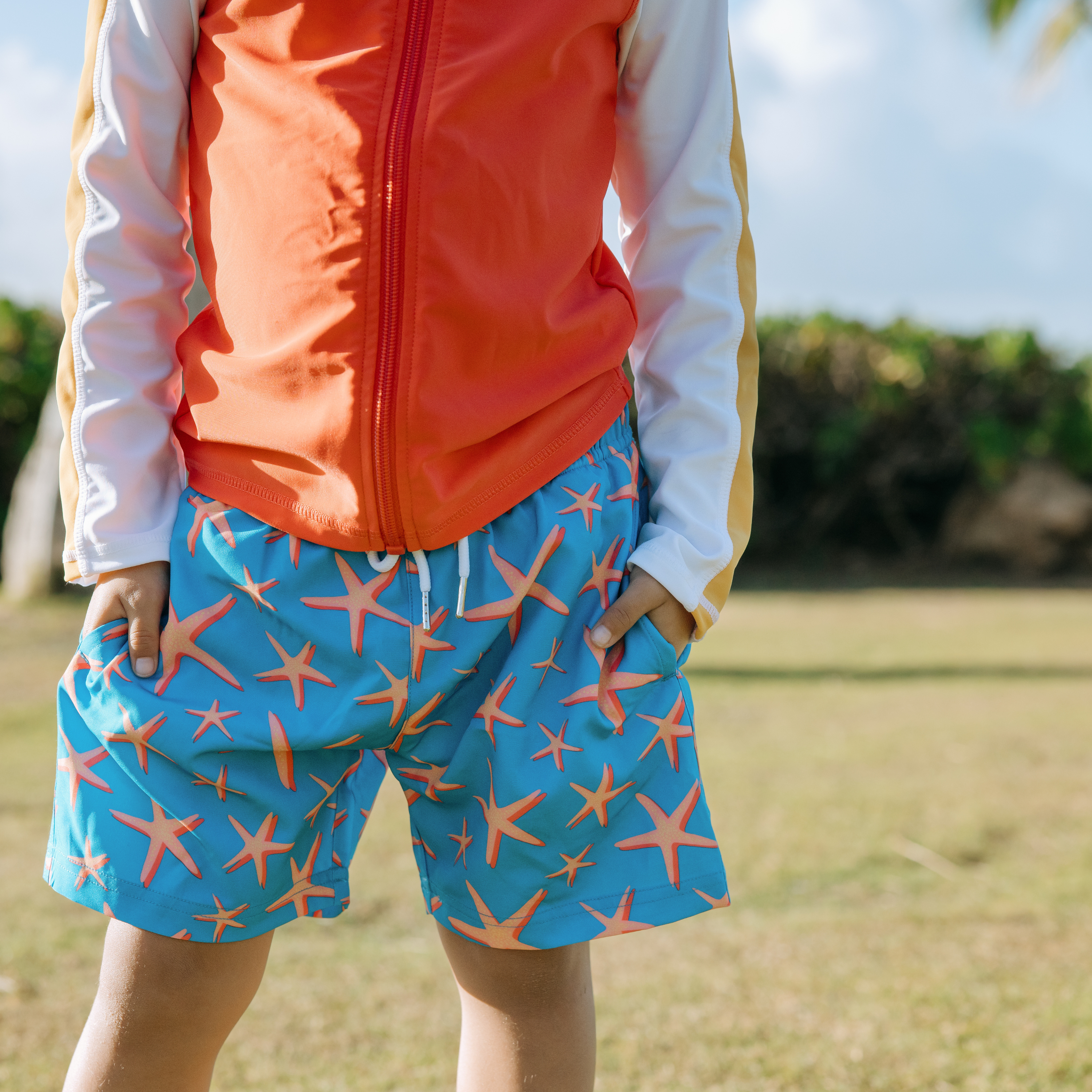 Boys Long Sleeve Zipper Rash Guard and Swim Trunk Set | "Starfish"-SwimZip UPF 50+ Sun Protective Swimwear & UV Zipper Rash Guards-pos3
