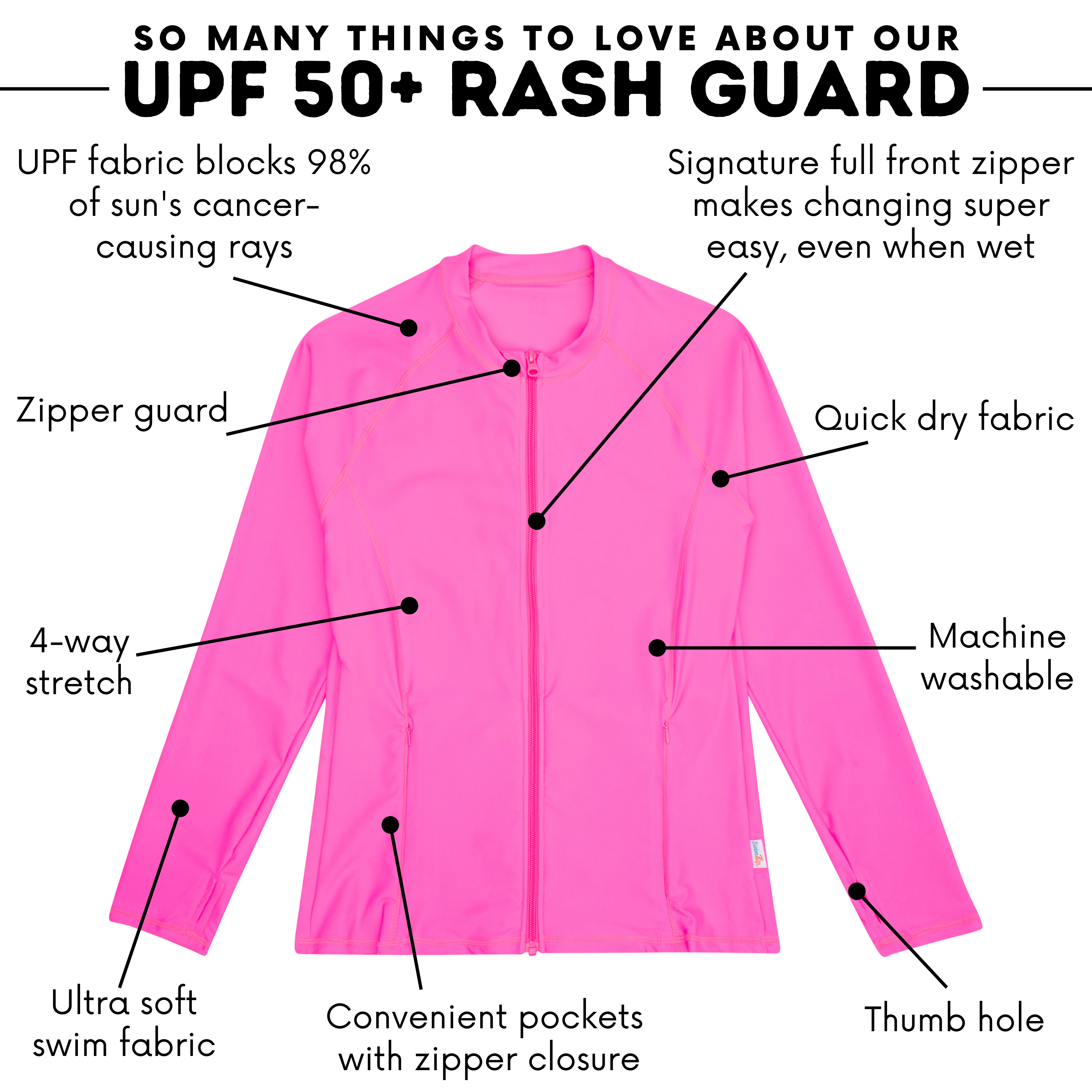 Women's Long Sleeve Rash Guard with Pockets | "Neon Pink"-SwimZip UPF 50+ Sun Protective Swimwear & UV Zipper Rash Guards-pos4