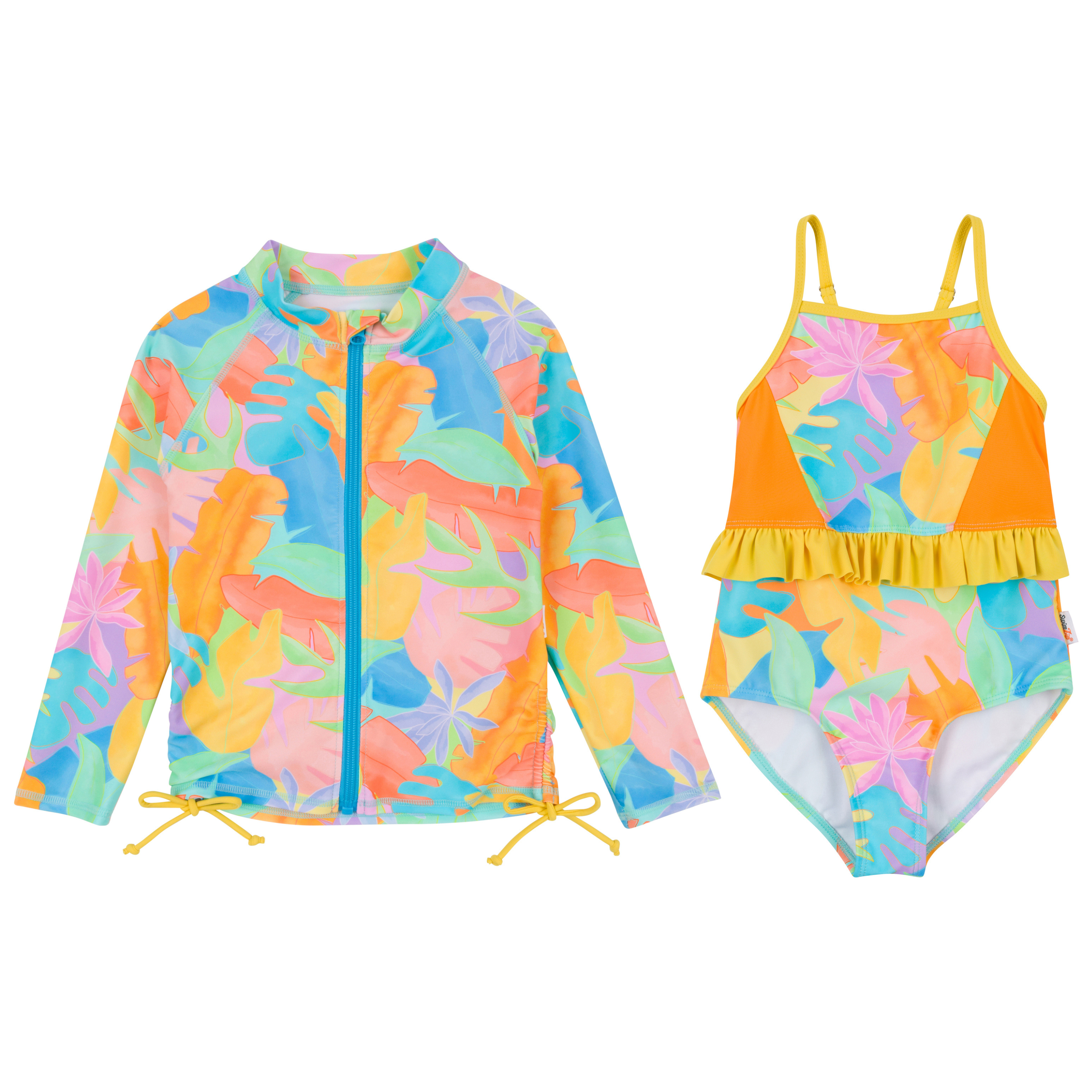 Girls One-Piece Swimsuit + Long Sleeve Rash Guard Set (2 Piece) | "Vibrant Vacay"-6-12 Month-Vibrant Vacay-SwimZip UPF 50+ Sun Protective Swimwear & UV Zipper Rash Guards-pos1