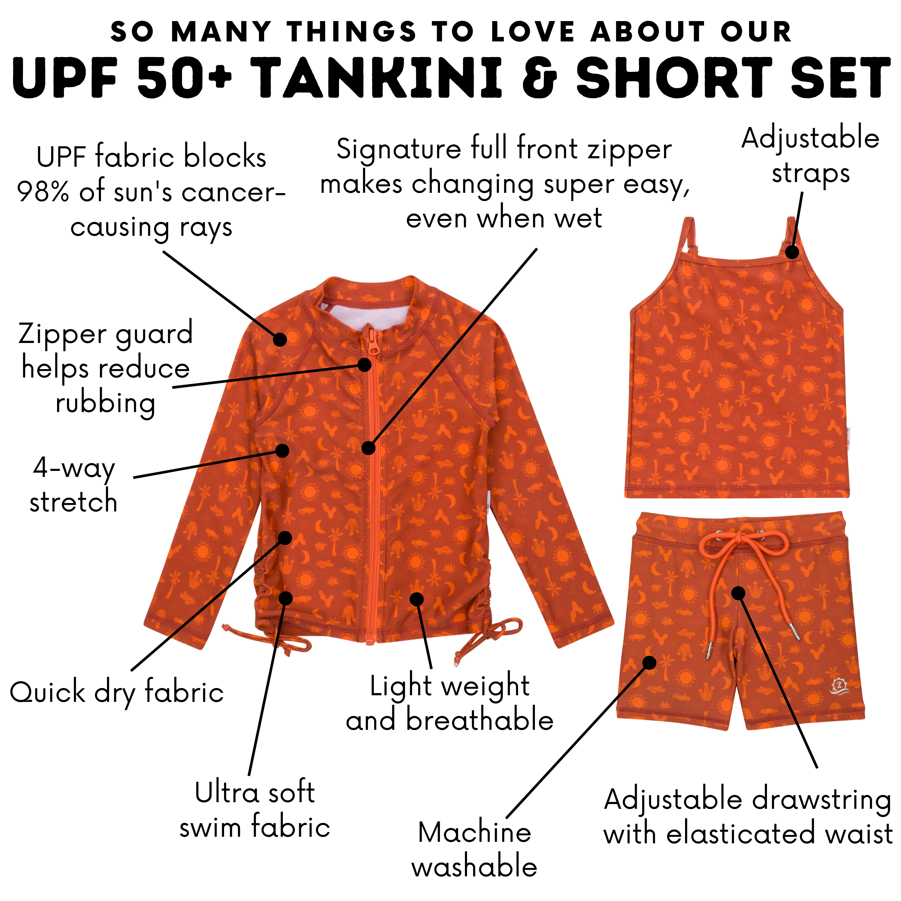 Girls Long Sleeve Rash Guard + Tankini Shorts Set (3 Piece) | "Desert"-SwimZip UPF 50+ Sun Protective Swimwear & UV Zipper Rash Guards-pos4