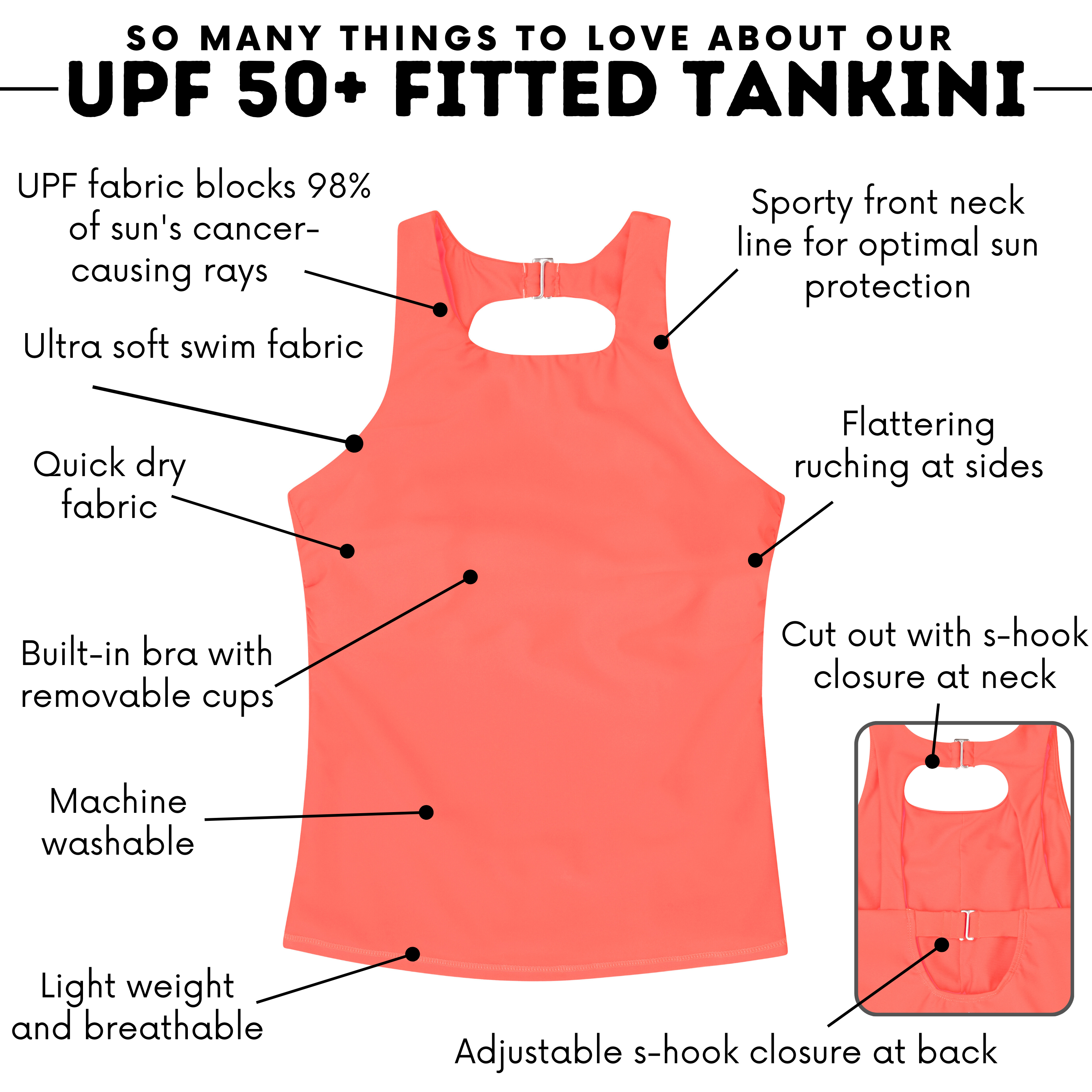 Women’s High Neck Fitted Tankini Top | “Neon Orange"-SwimZip UPF 50+ Sun Protective Swimwear & UV Zipper Rash Guards-pos5