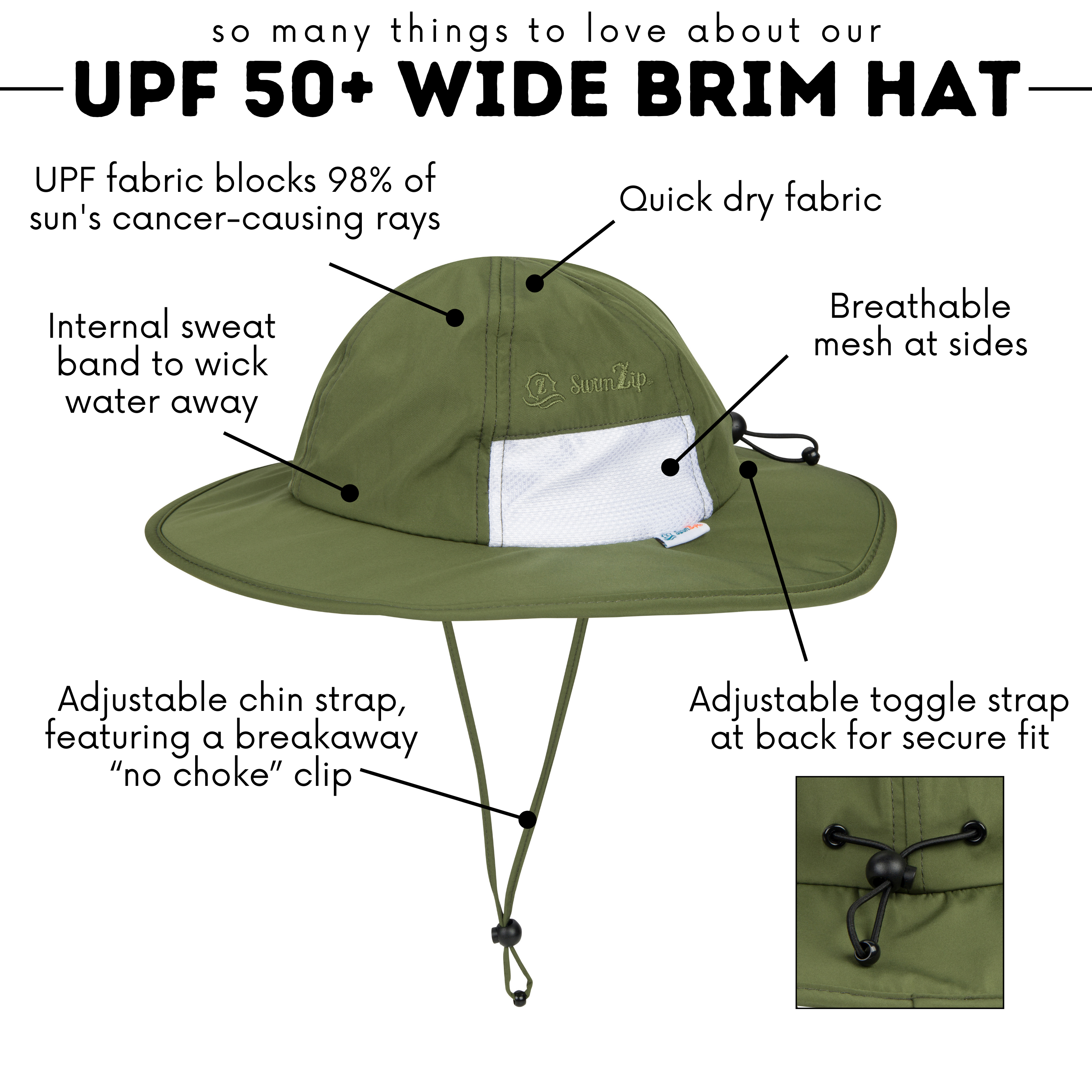 Kids Wide Brim Sun Hat "Fun Sun Day Play Hat" - Olive-SwimZip UPF 50+ Sun Protective Swimwear & UV Zipper Rash Guards-pos3