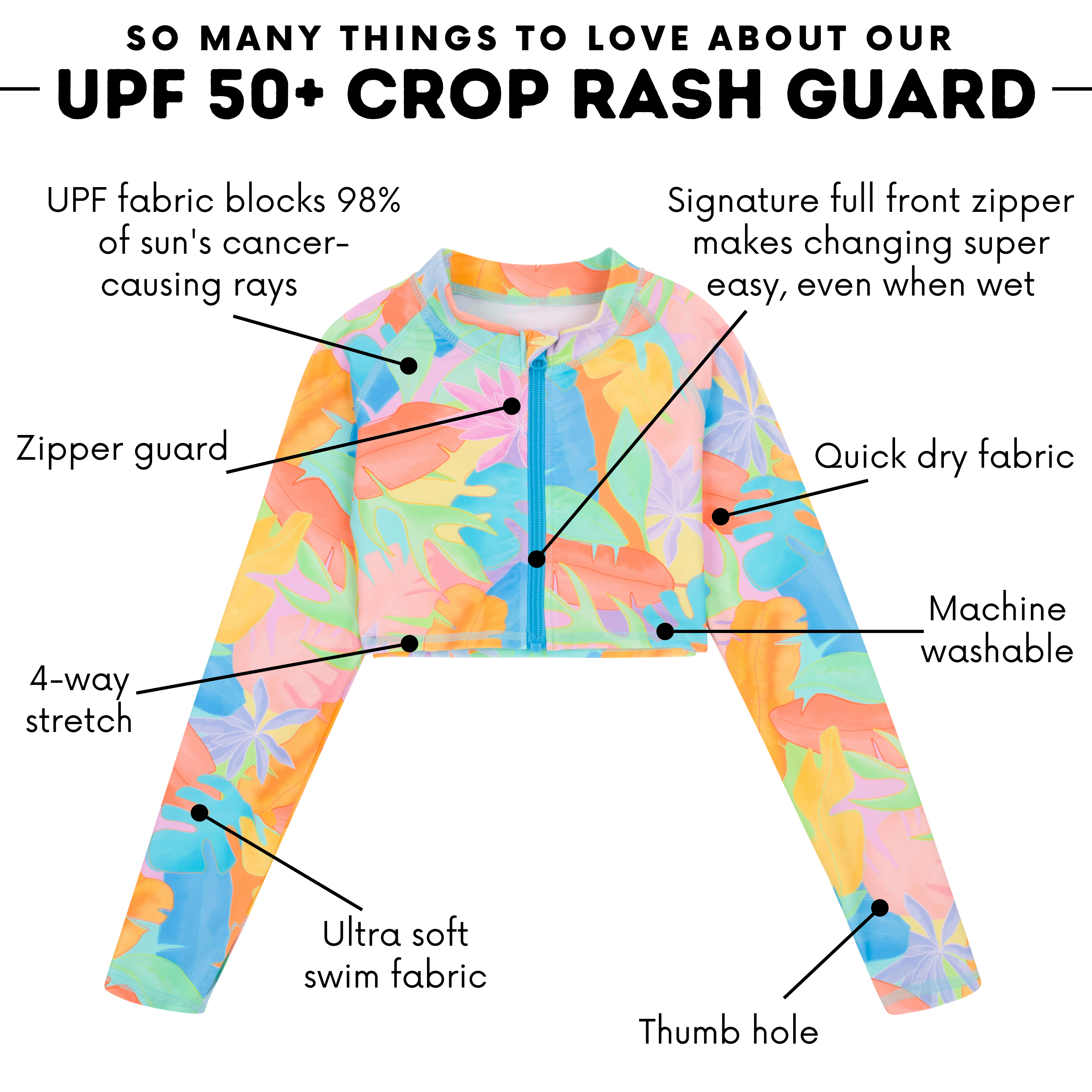 Girls Long Sleeve Crop Rash Guard | "Vibrant Vacay"-SwimZip UPF 50+ Sun Protective Swimwear & UV Zipper Rash Guards-pos4