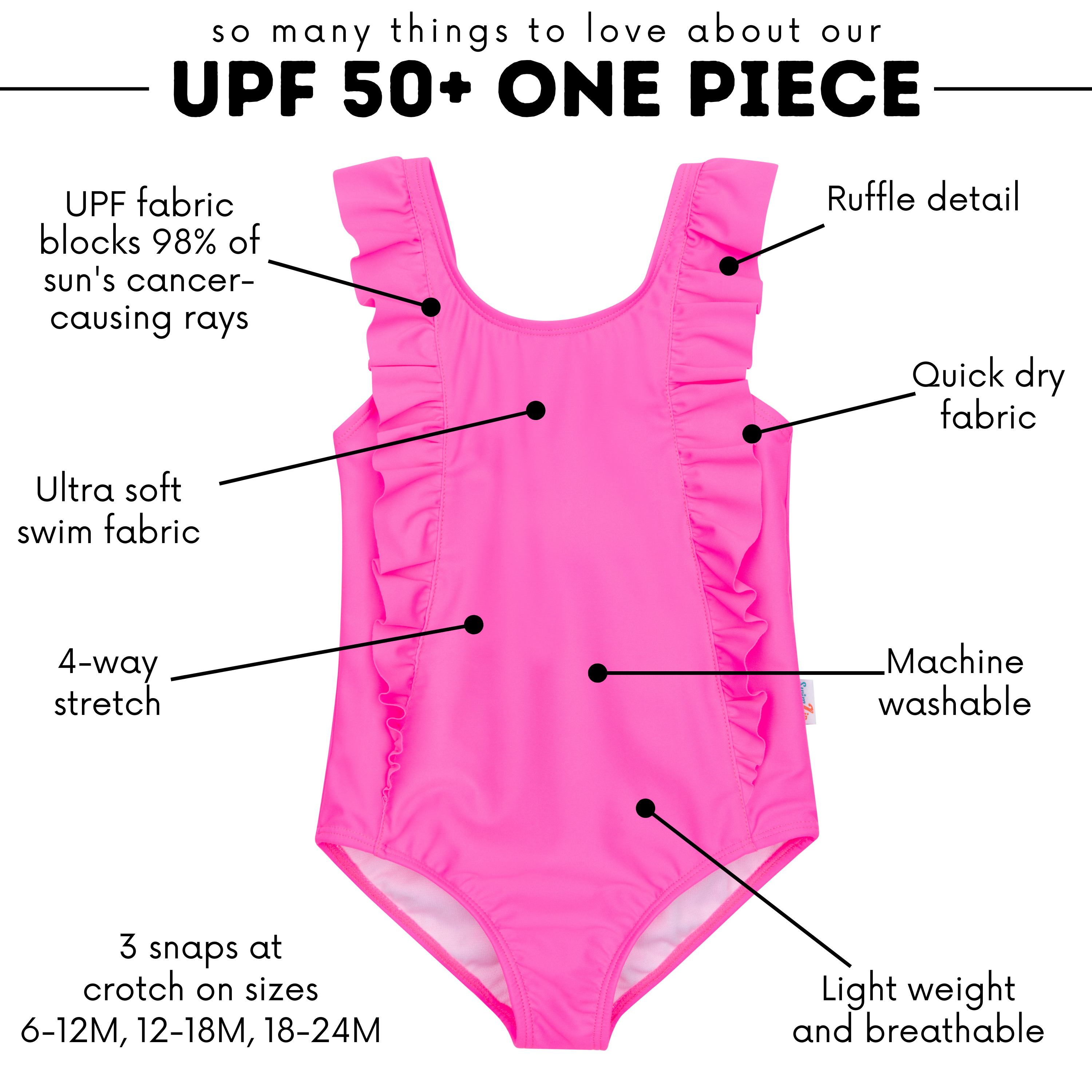 Girls Ruffle One-Piece Swimsuit | "Too Sweet" Neon Pink-SwimZip UPF 50+ Sun Protective Swimwear & UV Zipper Rash Guards-pos4
