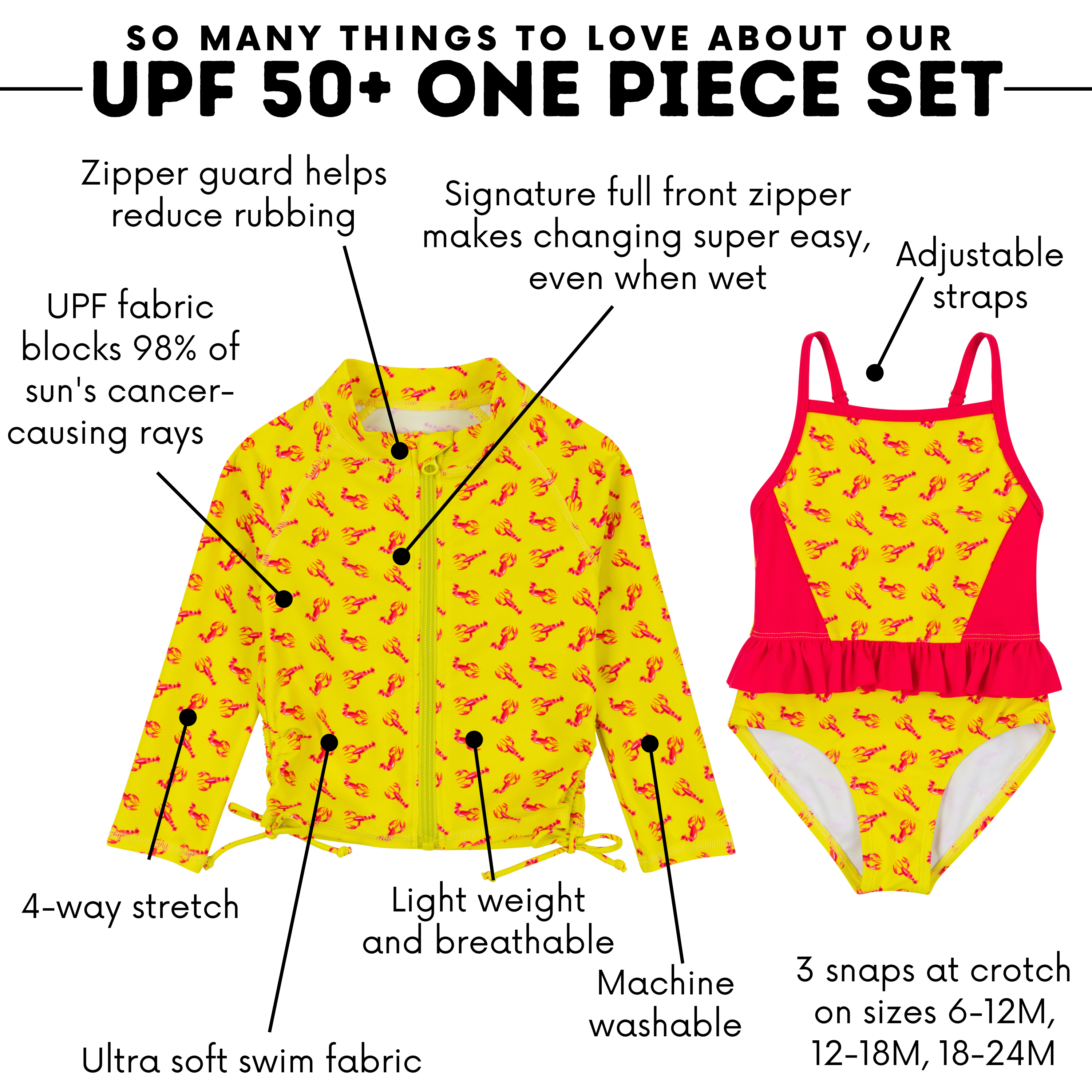 Girls One-Piece Swimsuit + Long Sleeve Rash Guard Set (2 Piece) | "Lobster"-SwimZip UPF 50+ Sun Protective Swimwear & UV Zipper Rash Guards-pos4