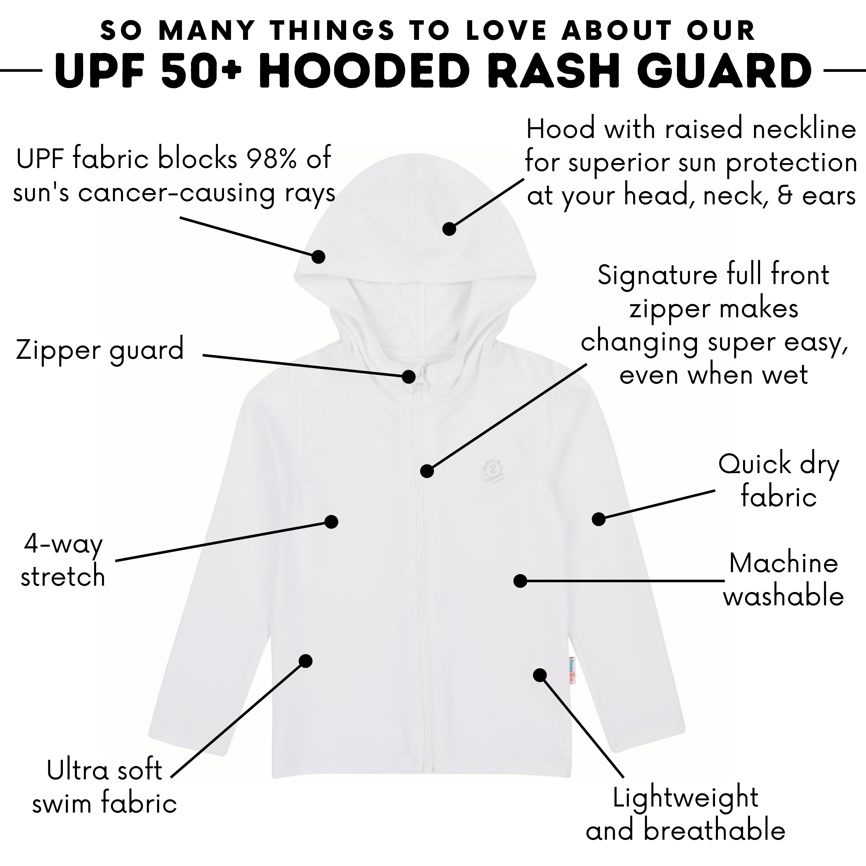 Kids Hooded Long Sleeve Zipper Rash Guard Swim Shirt | "White"-SwimZip UPF 50+ Sun Protective Swimwear & UV Zipper Rash Guards-pos4