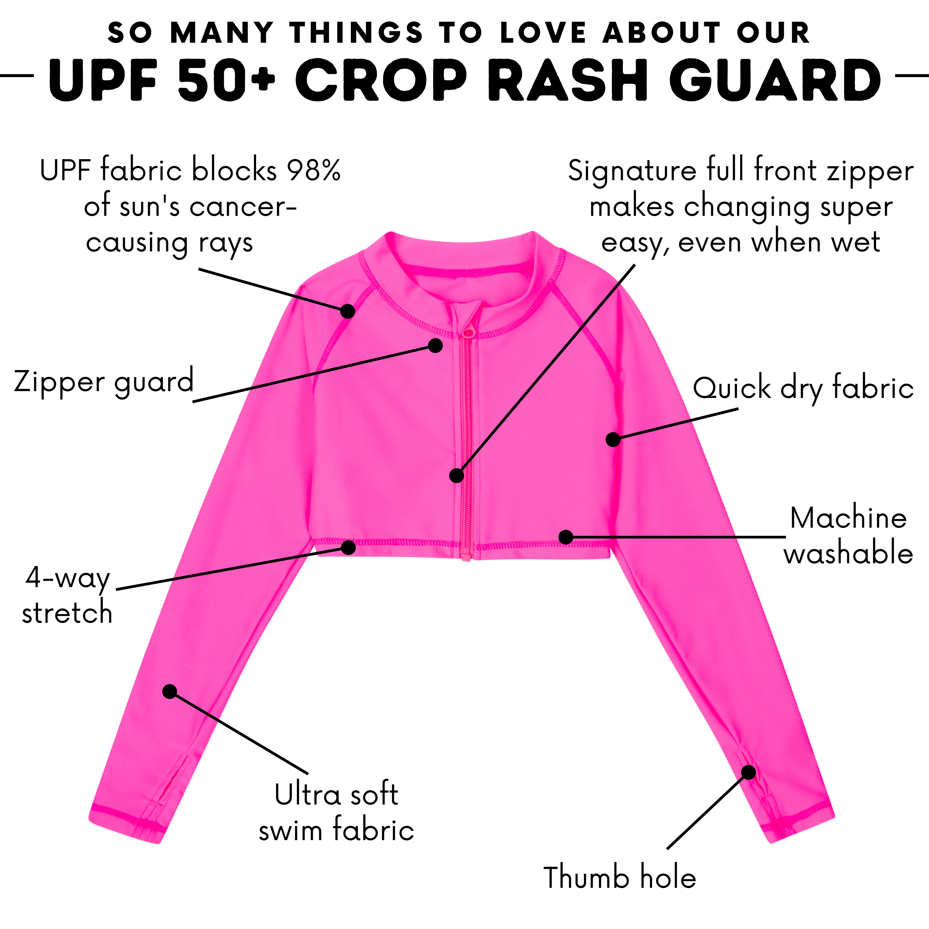 Girls Long Sleeve Crop Rash Guard | "Neon Pink"-SwimZip UPF 50+ Sun Protective Swimwear & UV Zipper Rash Guards-pos4