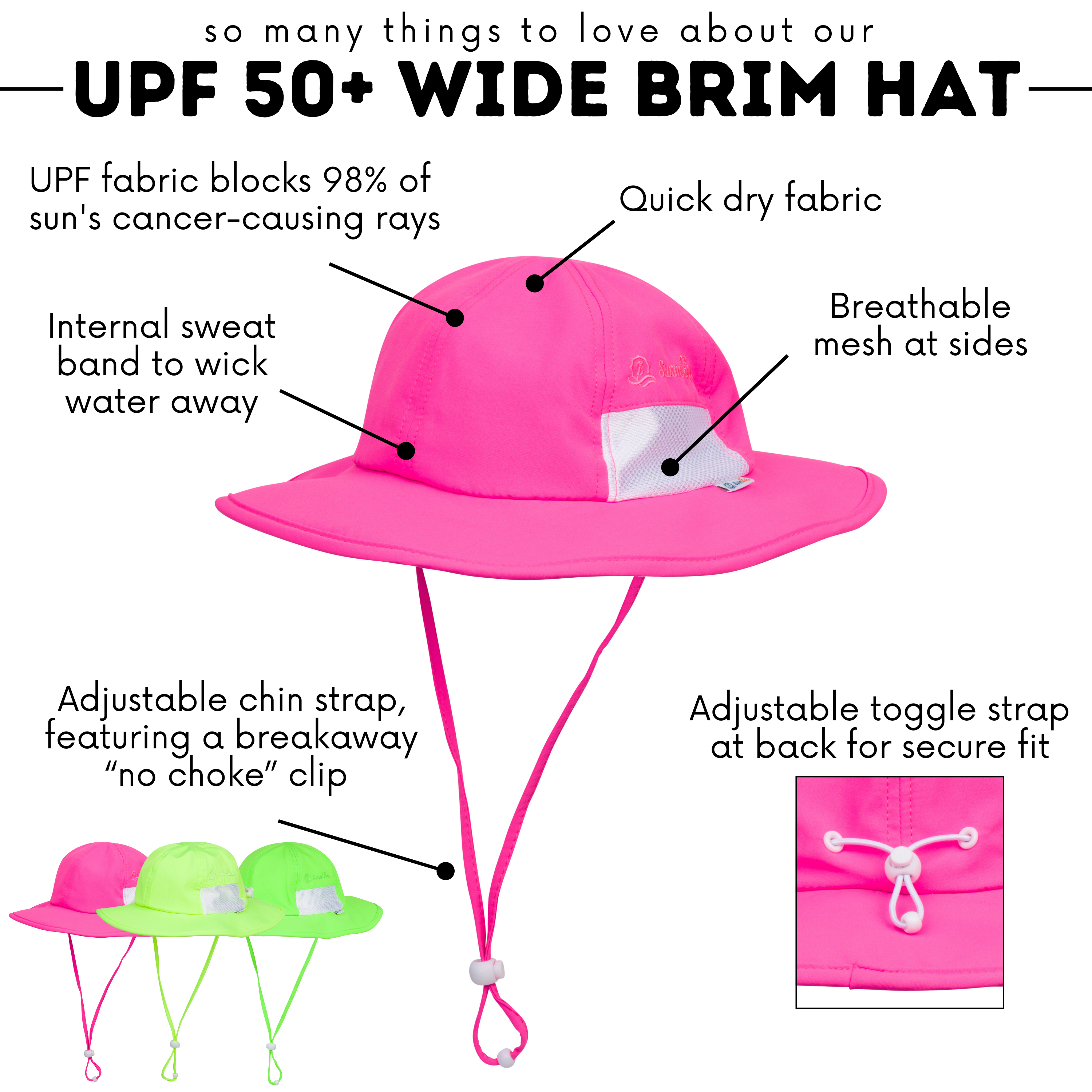 Kids Wide Brim Sun Hat "Fun Sun Day Play Hat" - Neon Shocking Pink-SwimZip UPF 50+ Sun Protective Swimwear & UV Zipper Rash Guards-pos3