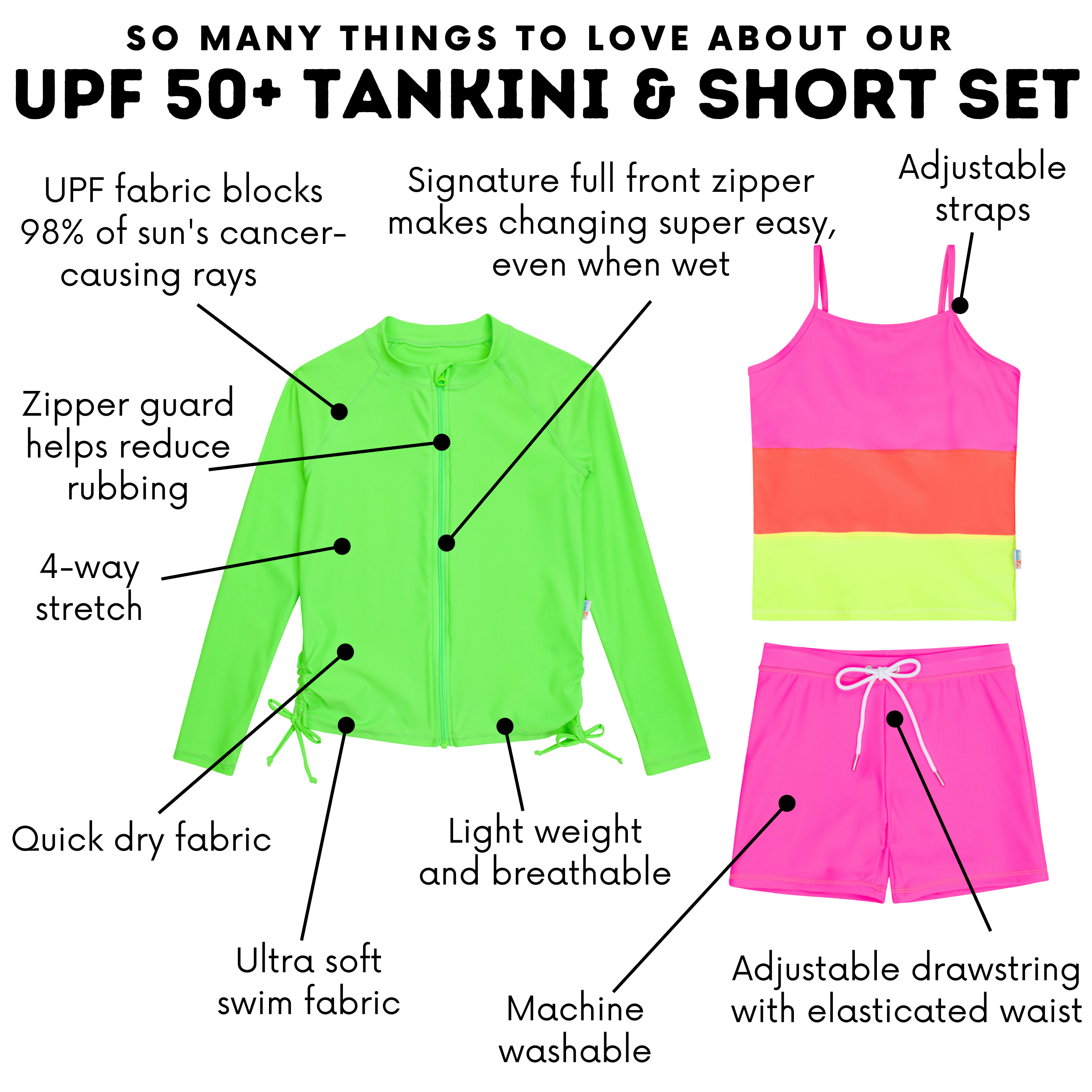 Girls Long Sleeve Rash Guard + Tankini Shorts Set (3 Piece) | "Neon Sunrise"-SwimZip UPF 50+ Sun Protective Swimwear & UV Zipper Rash Guards-pos5