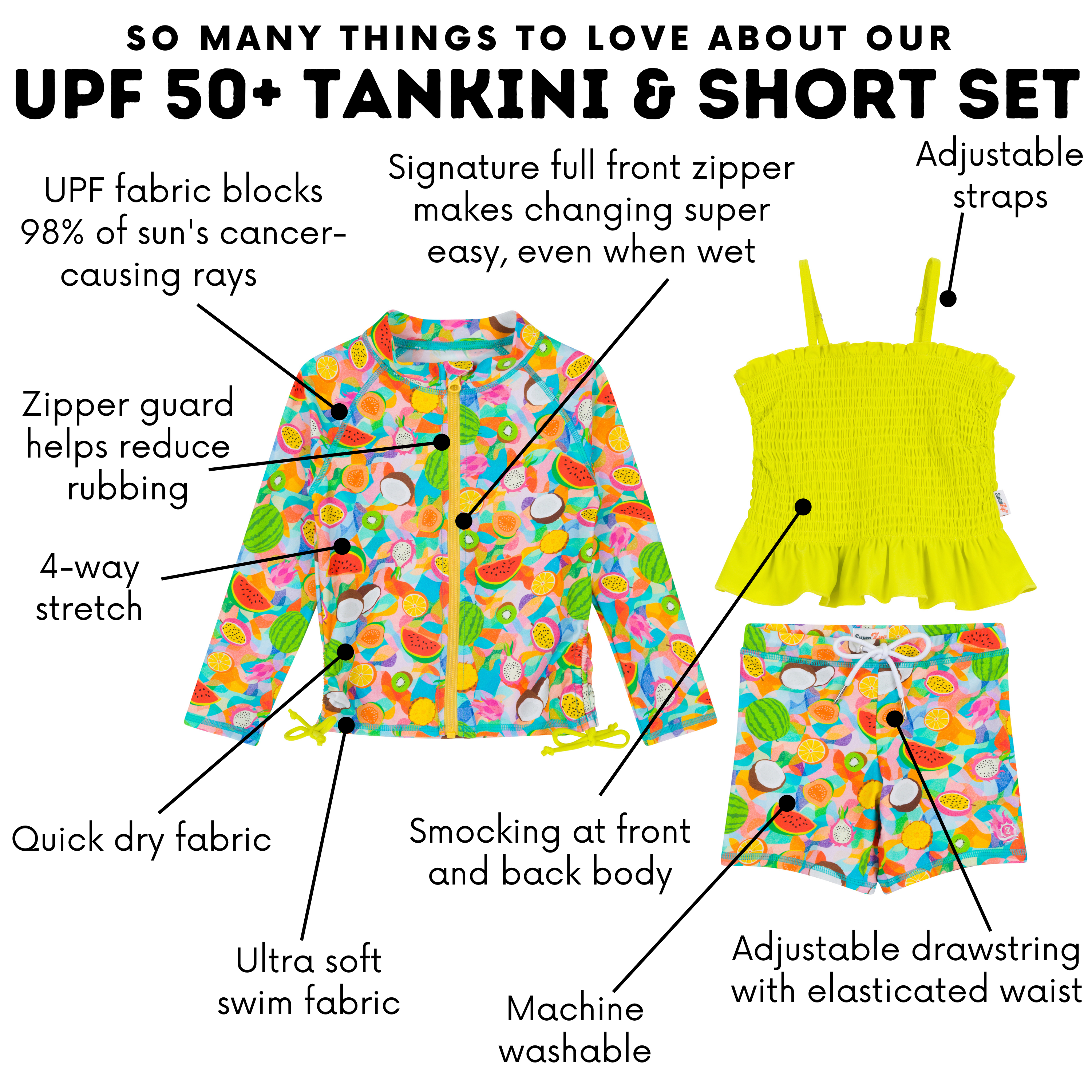 Girls Long Sleeve Rash Guard + Smocked Tankini Shorts Set (3 Piece) | "Fruit Salad"-SwimZip UPF 50+ Sun Protective Swimwear & UV Zipper Rash Guards-pos4