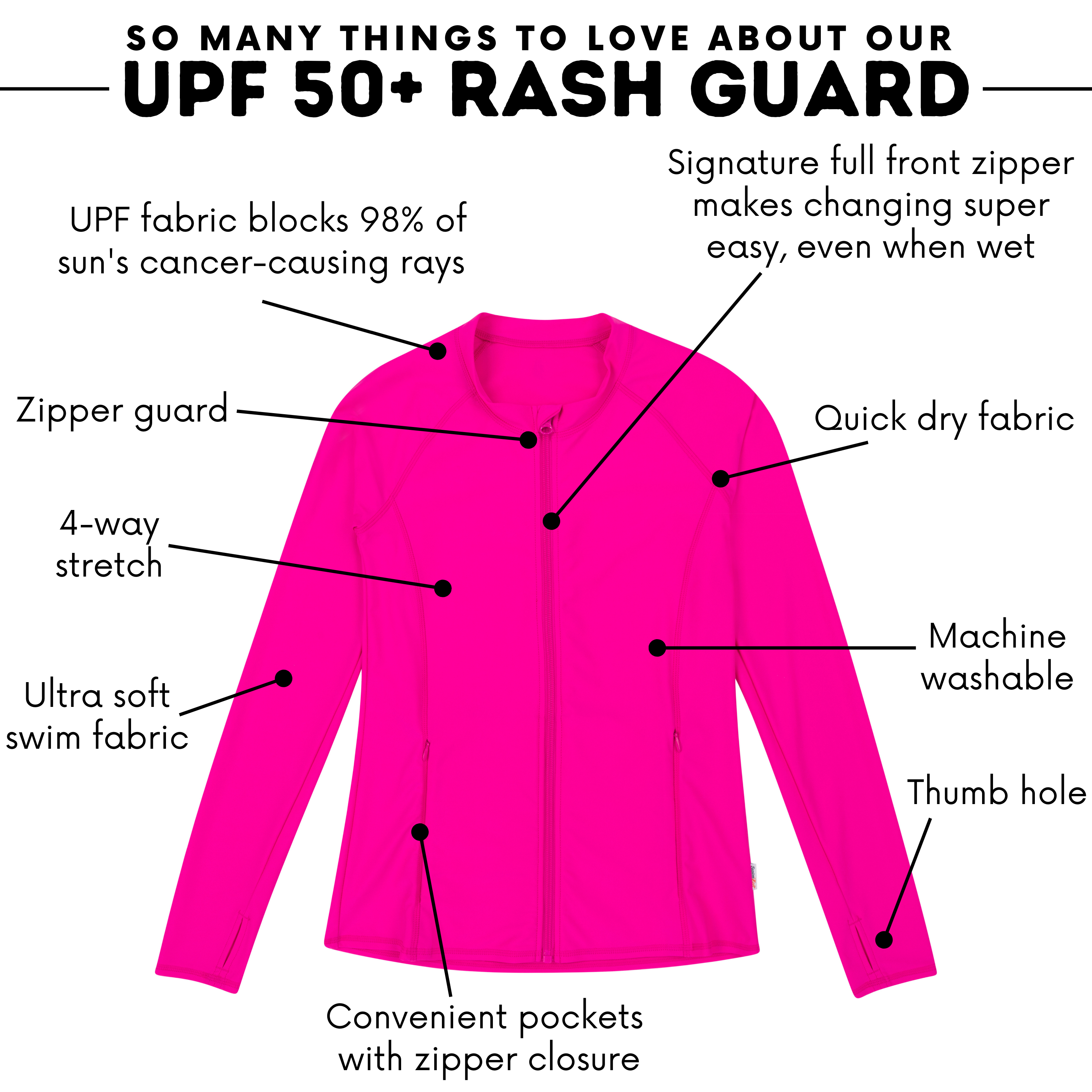 Women's Long Sleeve Rash Guard with Pockets | "Manic Magenta"-SwimZip UPF 50+ Sun Protective Swimwear & UV Zipper Rash Guards-pos4