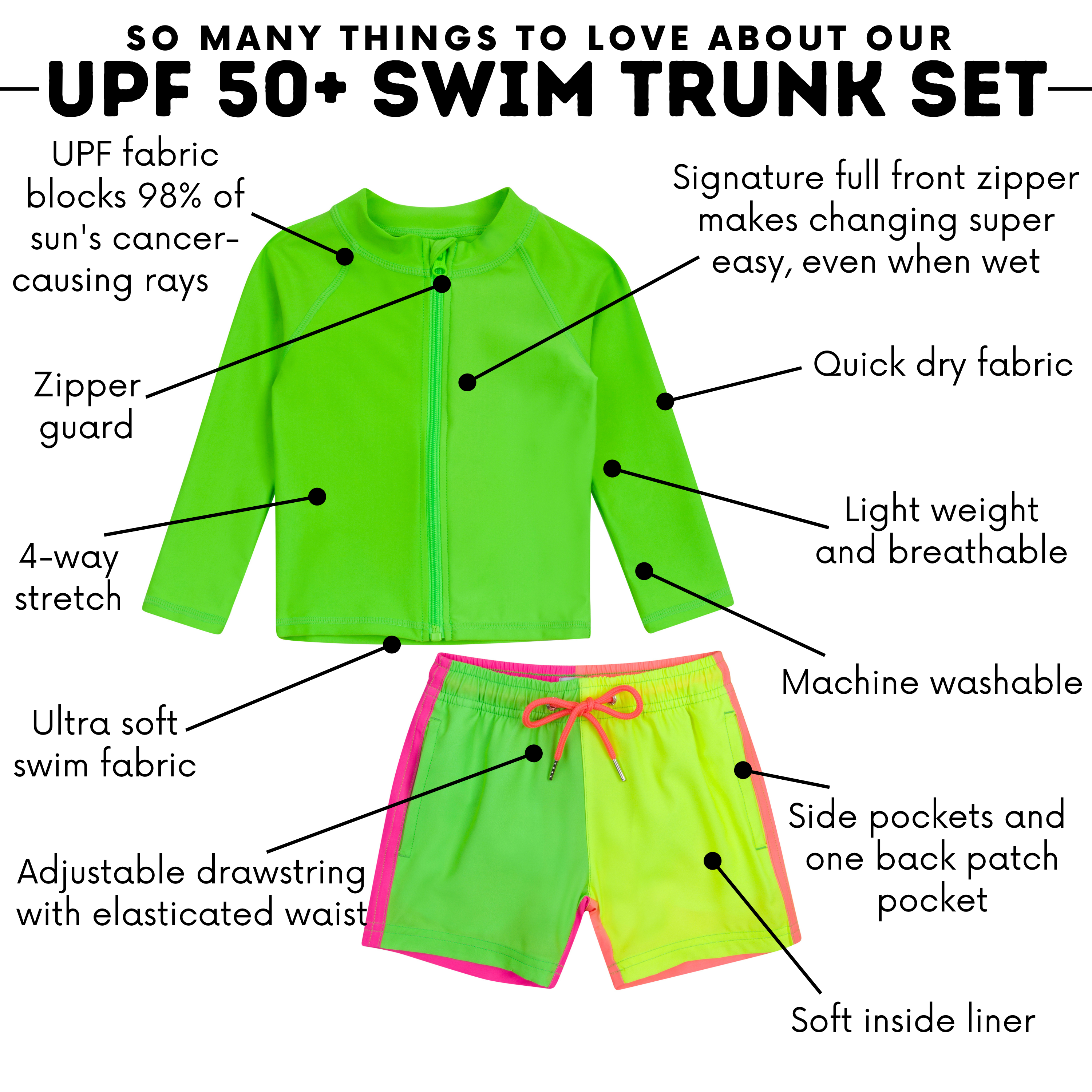 Boys Long Sleeve Zipper Rash Guard and Swim Trunk Set | "Neon Sunrise"-SwimZip UPF 50+ Sun Protective Swimwear & UV Zipper Rash Guards-pos5