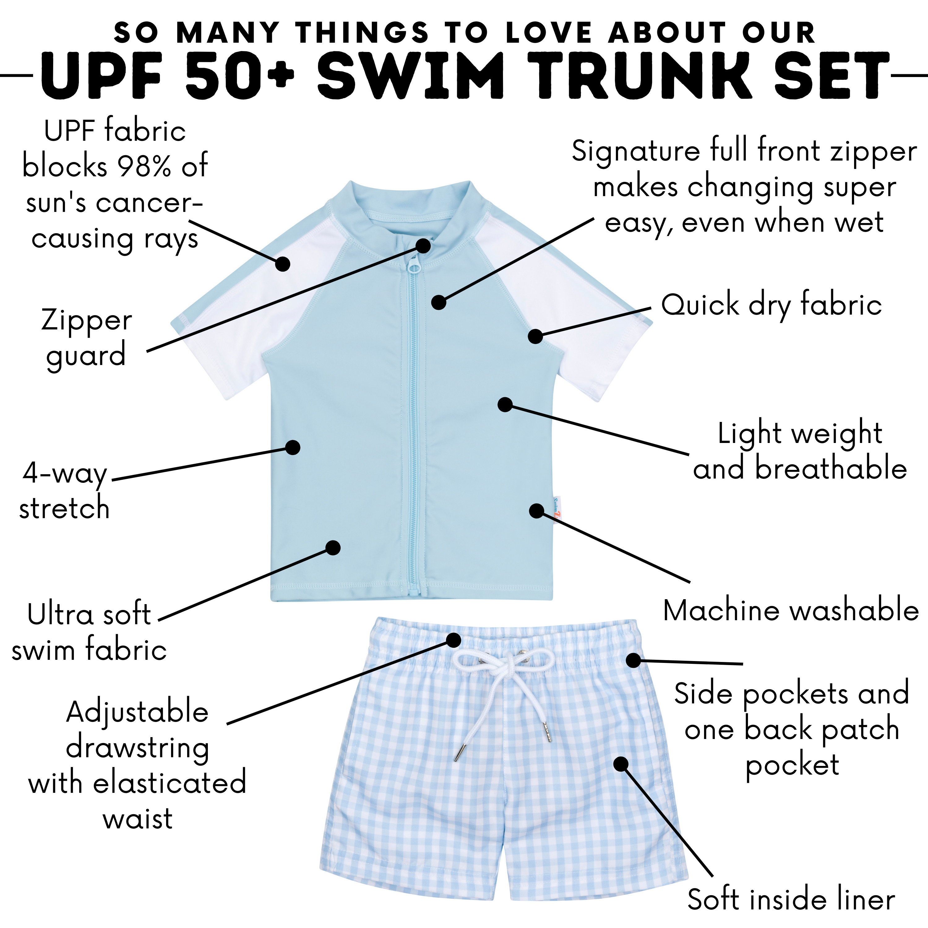 Boys Short Sleeve Zipper Rash Guard and Swim Trunk Set | "Blue Gingham"-SwimZip UPF 50+ Sun Protective Swimwear & UV Zipper Rash Guards-pos4