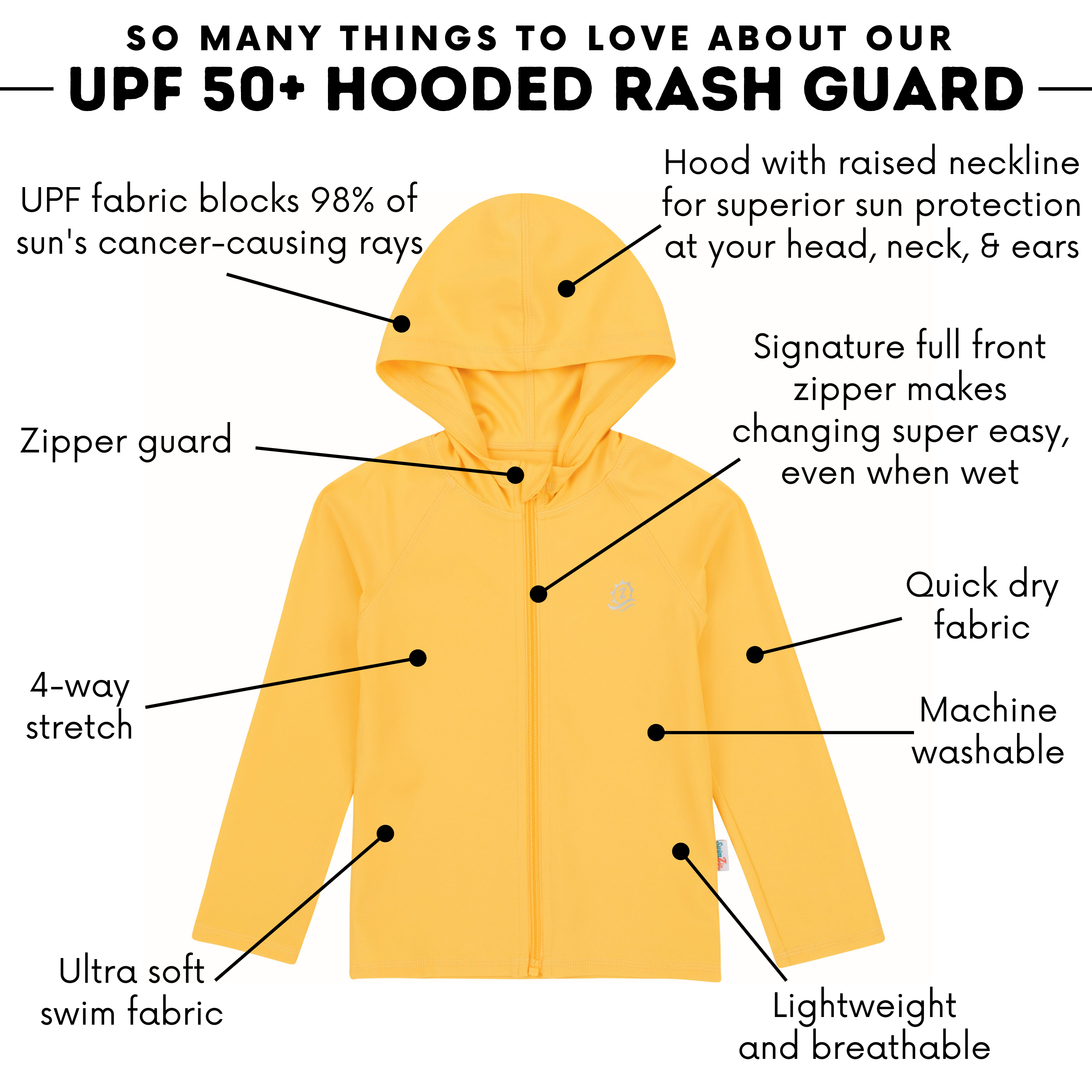 Kids Hooded Long Sleeve Zipper Rash Guard Swim Shirt | "Yellow"-SwimZip UPF 50+ Sun Protective Swimwear & UV Zipper Rash Guards-pos4