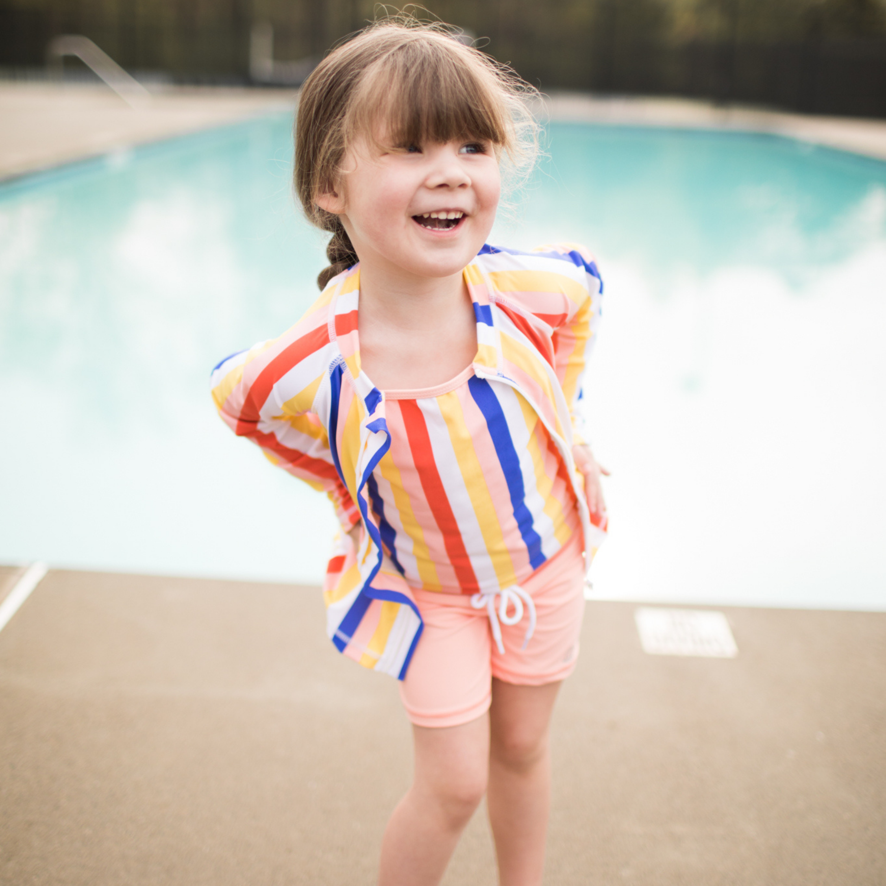 Girls Long Sleeve Rash Guard + Tankini Shorts Set (3 Piece) | "Multi Stripe"-SwimZip UPF 50+ Sun Protective Swimwear & UV Zipper Rash Guards-pos2