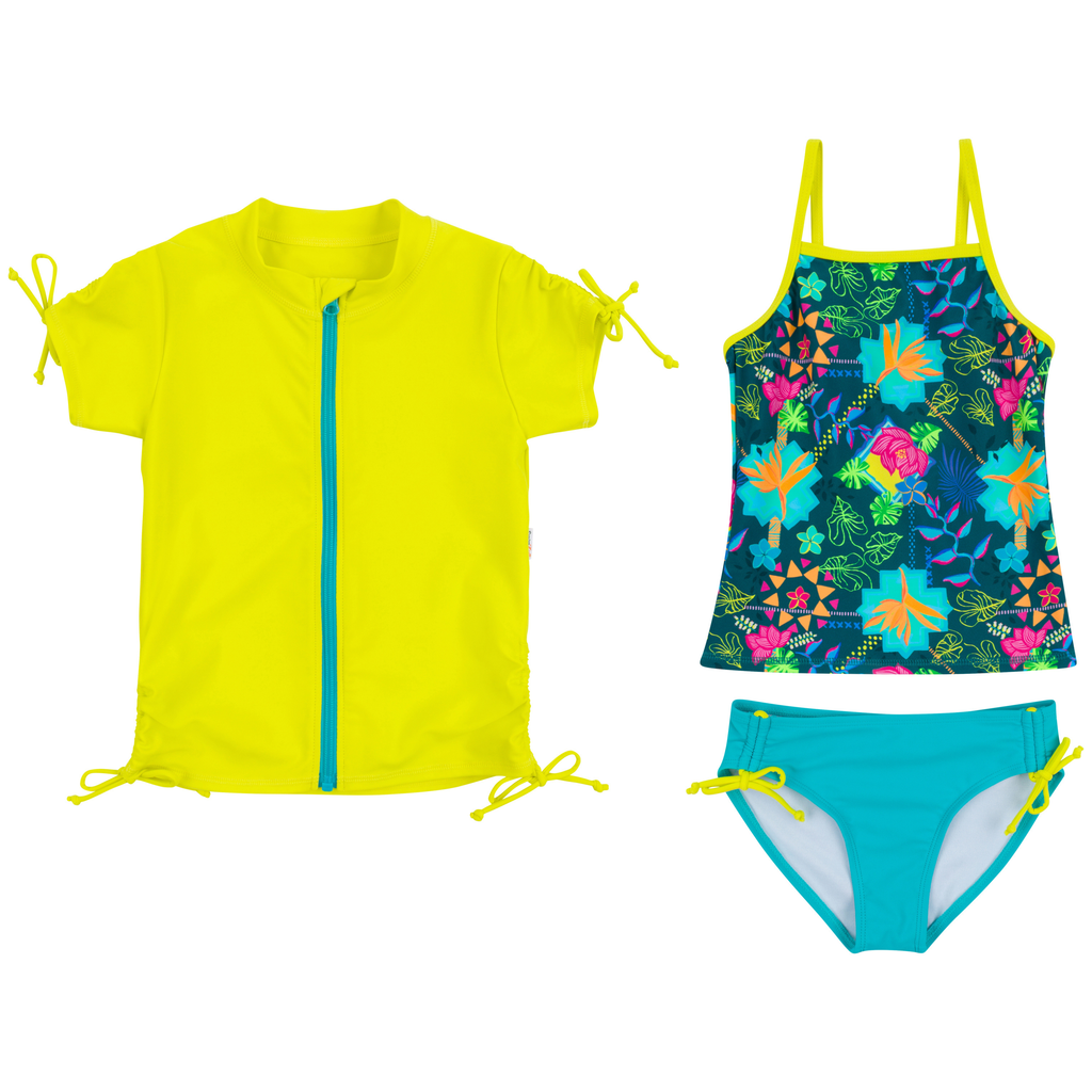 Girls Short Sleeve Rash Guard + Tankini Bikini Set (3 Piece) | 