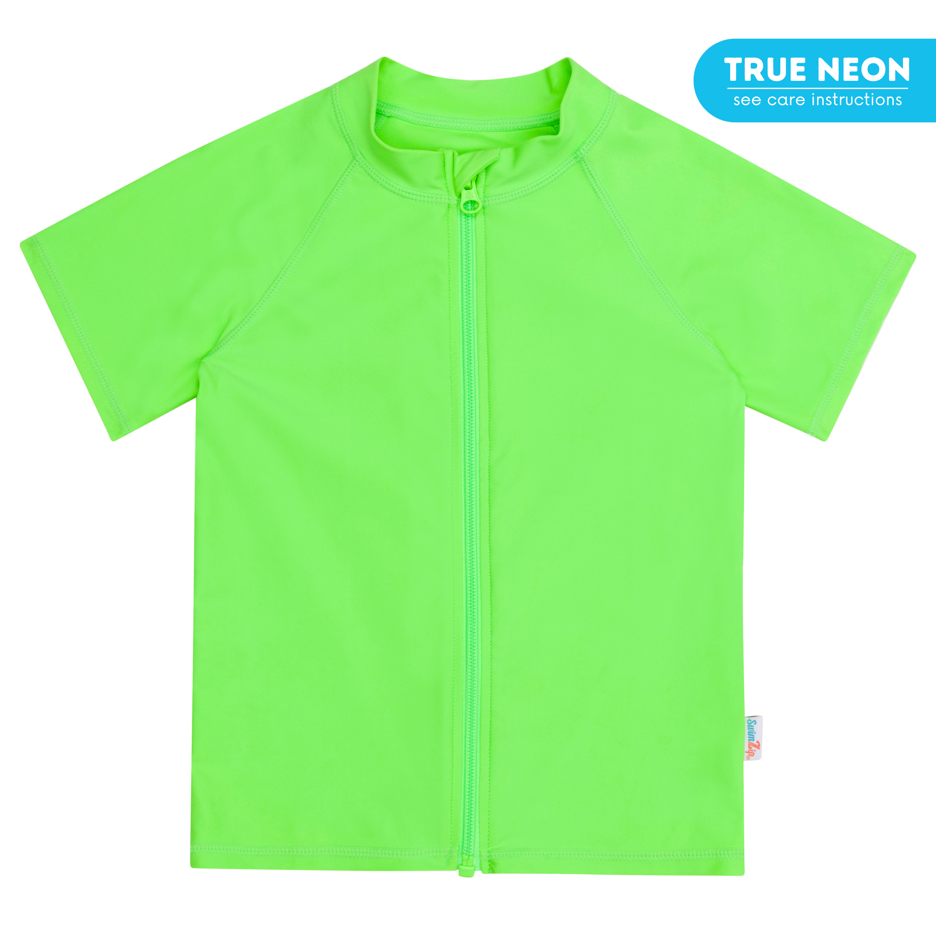 Kids Short Sleeve Zipper Rash Guard Swim Shirt | “Neon Green”-6-12 Month-Neon Green-SwimZip UPF 50+ Sun Protective Swimwear & UV Zipper Rash Guards-pos1